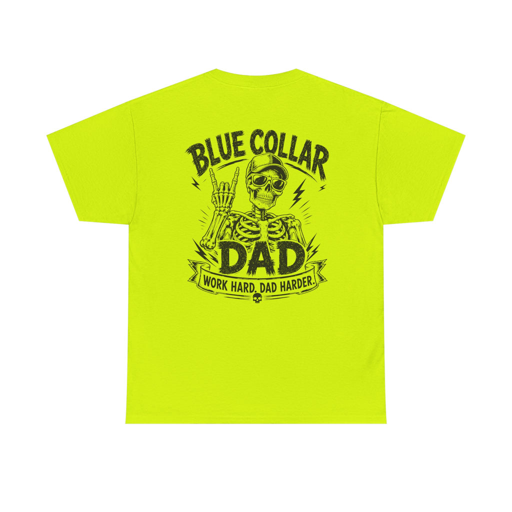 Clean safety green Blue Collar Dad back print shirt mockup on a bright white background featuring the bold “Blue Collar Dad Work Hard Dad Harder” design. Perfect SEO alt text for high visibility jobsite shirt, construction dad tee, tradesman gift, contractor father apparel, blue collar clothing, work crew shirt, and Father’s Day gift for hardworking dads.