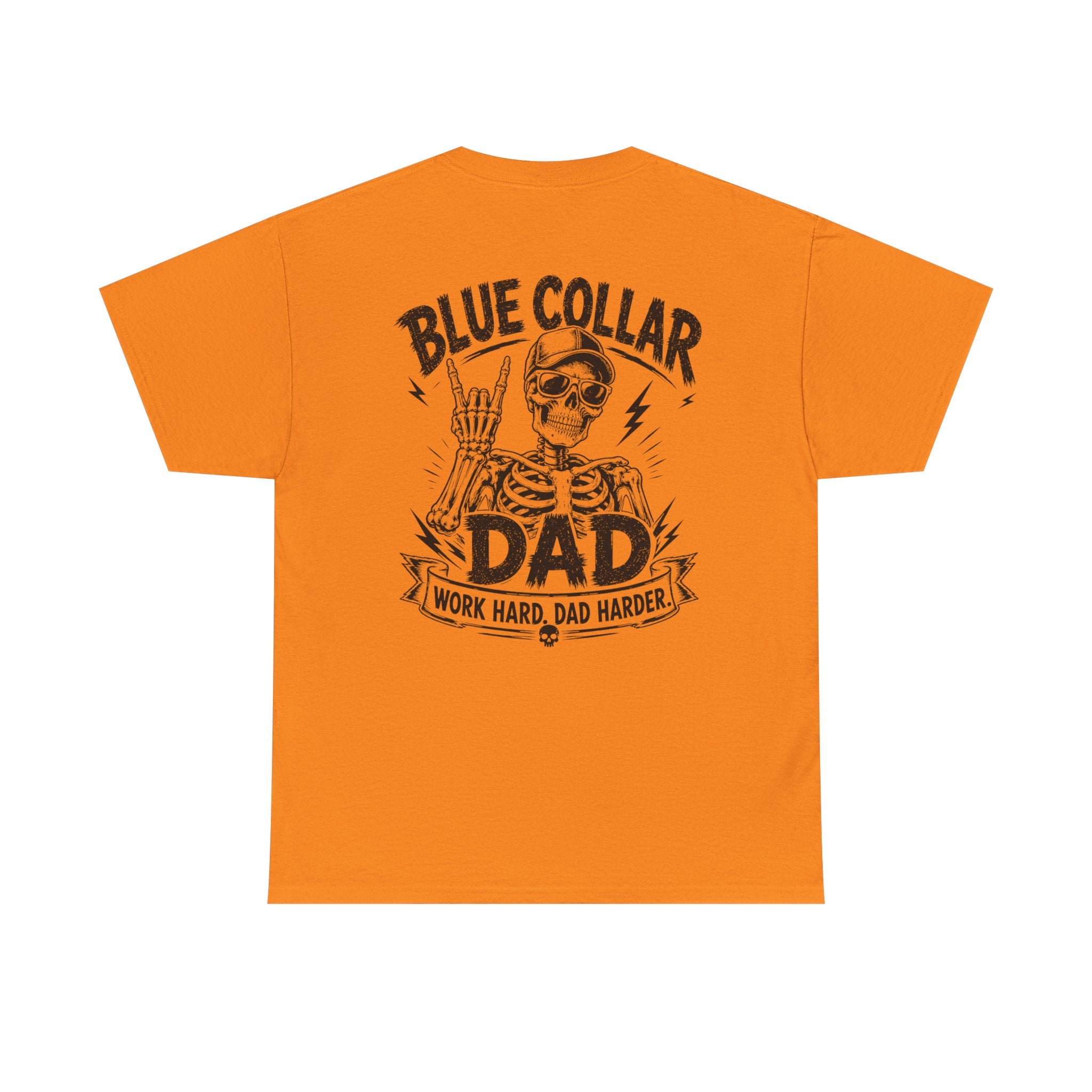 Simple safety orange Blue Collar Dad back print tee mockup on a clean white background showing the bold skeleton dad graphic and “Work Hard Dad Harder” slogan. Strong Shopify SEO for orange jobsite shirt, construction worker dad gift, tradesman tee, blue collar apparel, contractor dad clothing, work crew shirt, and meaningful Father’s Day present.