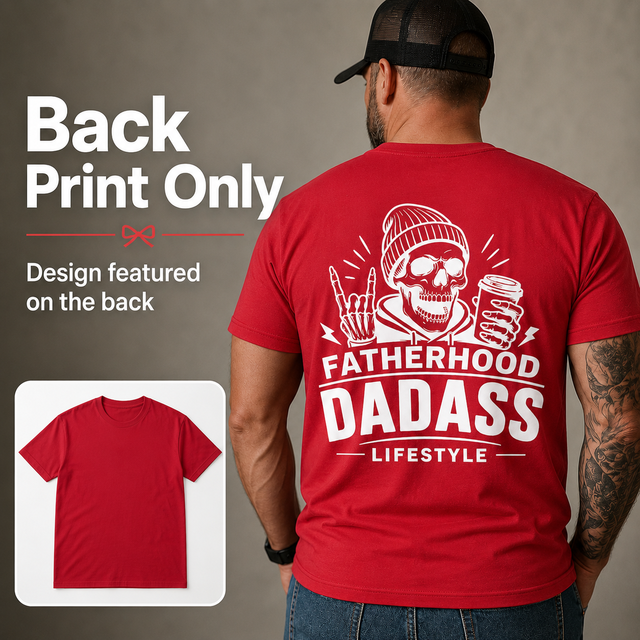 Dadass Fatherhood shirt with skull back graphic, funny gift for dads