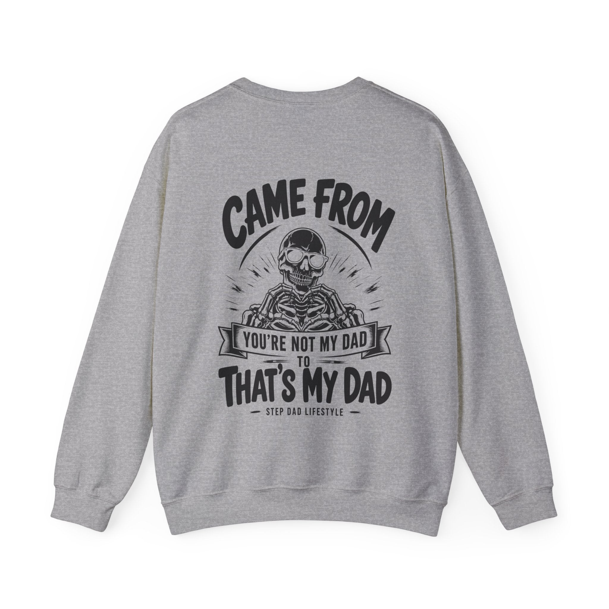 Fatherhood Skull graphic sweatshirt mockup for husbands, stepdads, and father figures.