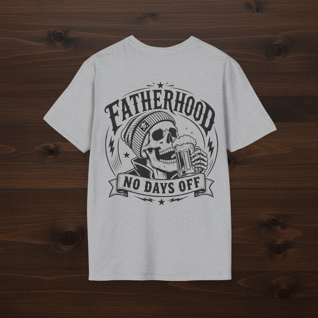Gray Fatherhood No Days Off t-shirt with skull beanie and beer graphic for Father’s Day gift shoppers.