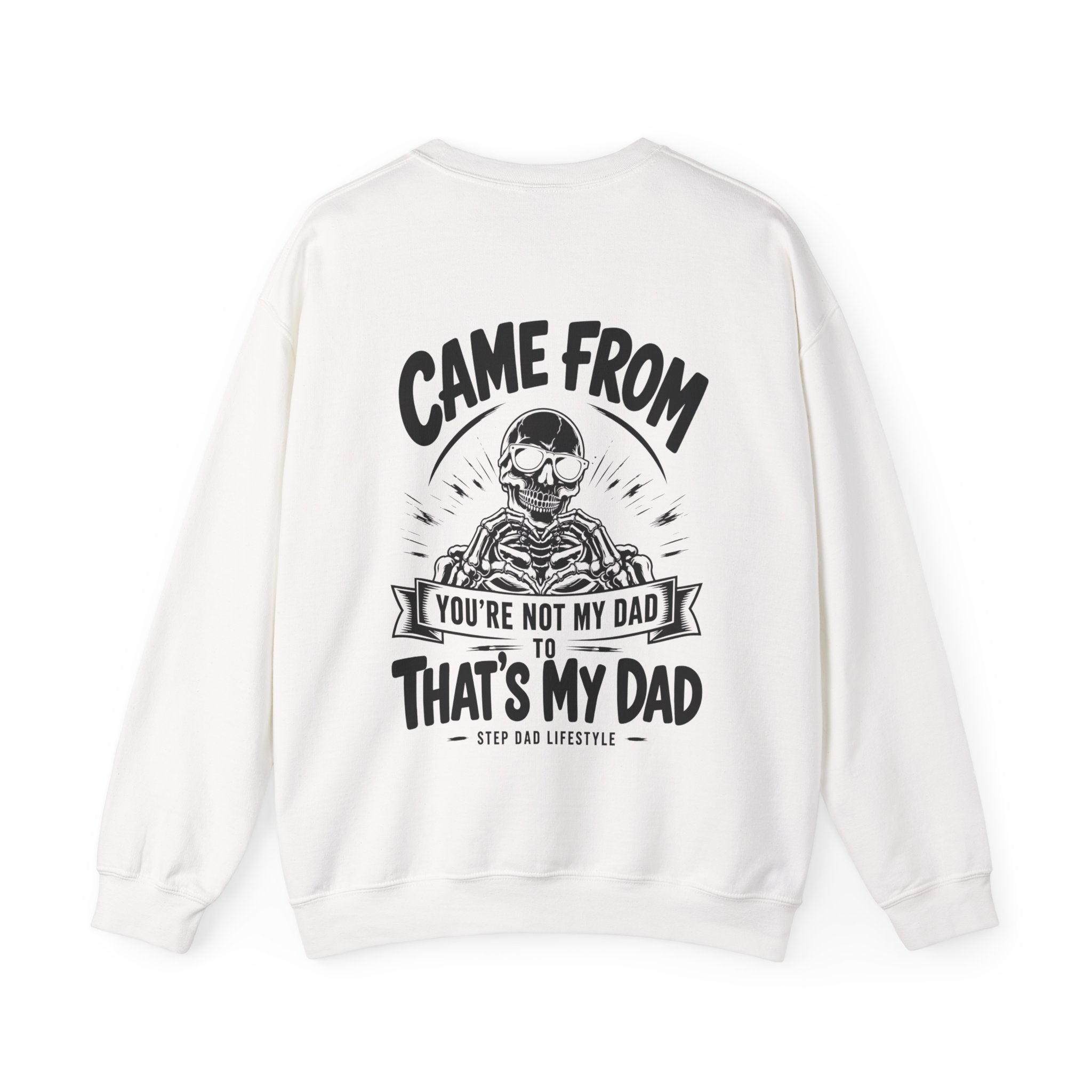 Fatherhood Skull sweatshirt product image with back print design for dads and Father’s Day gifts.