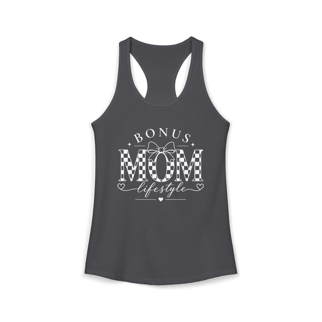 Dark gray tank top with 'Bonus Mom Lifestyle' text on a white background