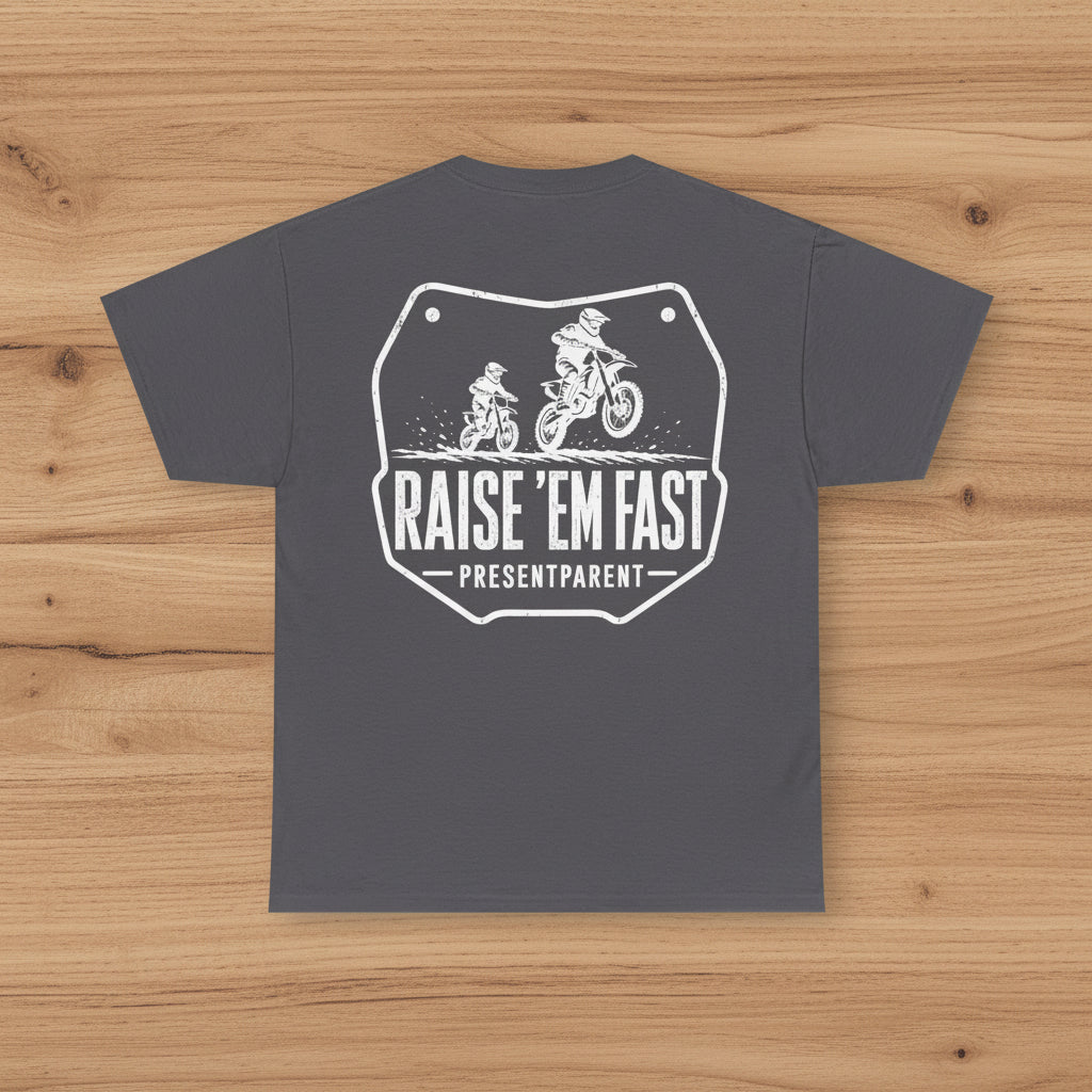 Gray men’s dirtbike dad t-shirt with white Raise ’Em Fast father and child motocross graphic.