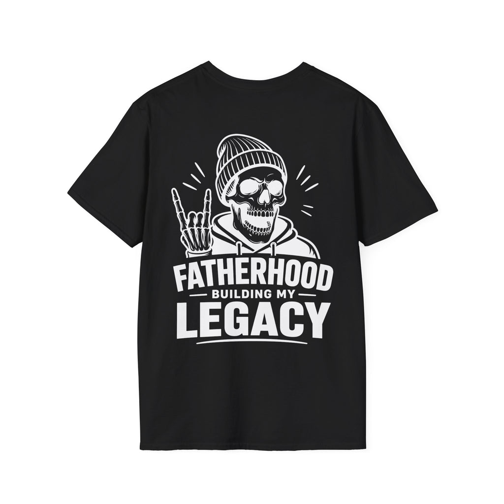 Black Fatherhood Building My Legacy graphic T-shirt product mockup with bold skull dad artwork, designed for proud fatherhood style and dad gifts.