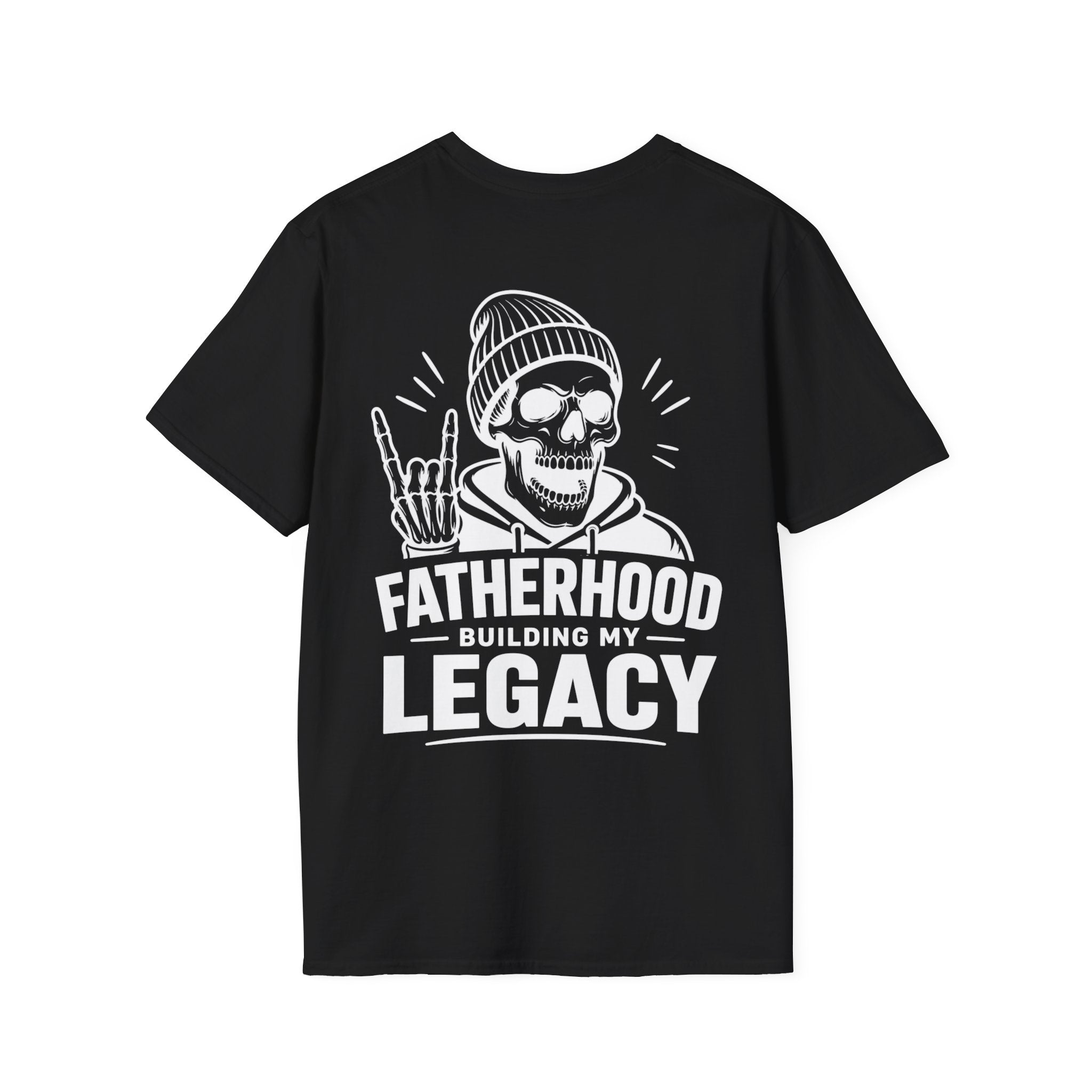 Black Fatherhood Building My Legacy graphic T-shirt product mockup with bold skull dad artwork, designed for proud fatherhood style and dad gifts.