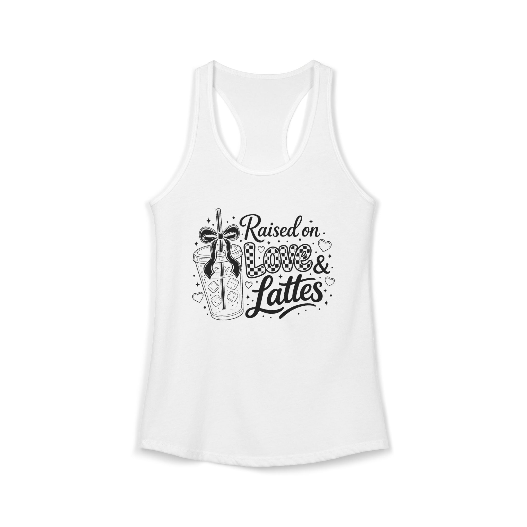 Solid white women's coffee mom crop top product mockup with black Raised on Love and Lattes front graphic for coffee-loving moms.