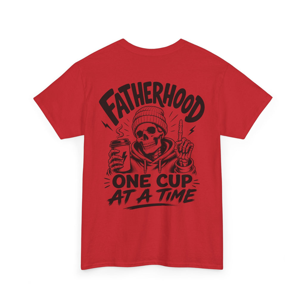 Red Coffee Dad graphic T-shirt product mockup on white background with bold black back print, coffee cup illustration, and Fatherhood One Cup at a Time lettering.