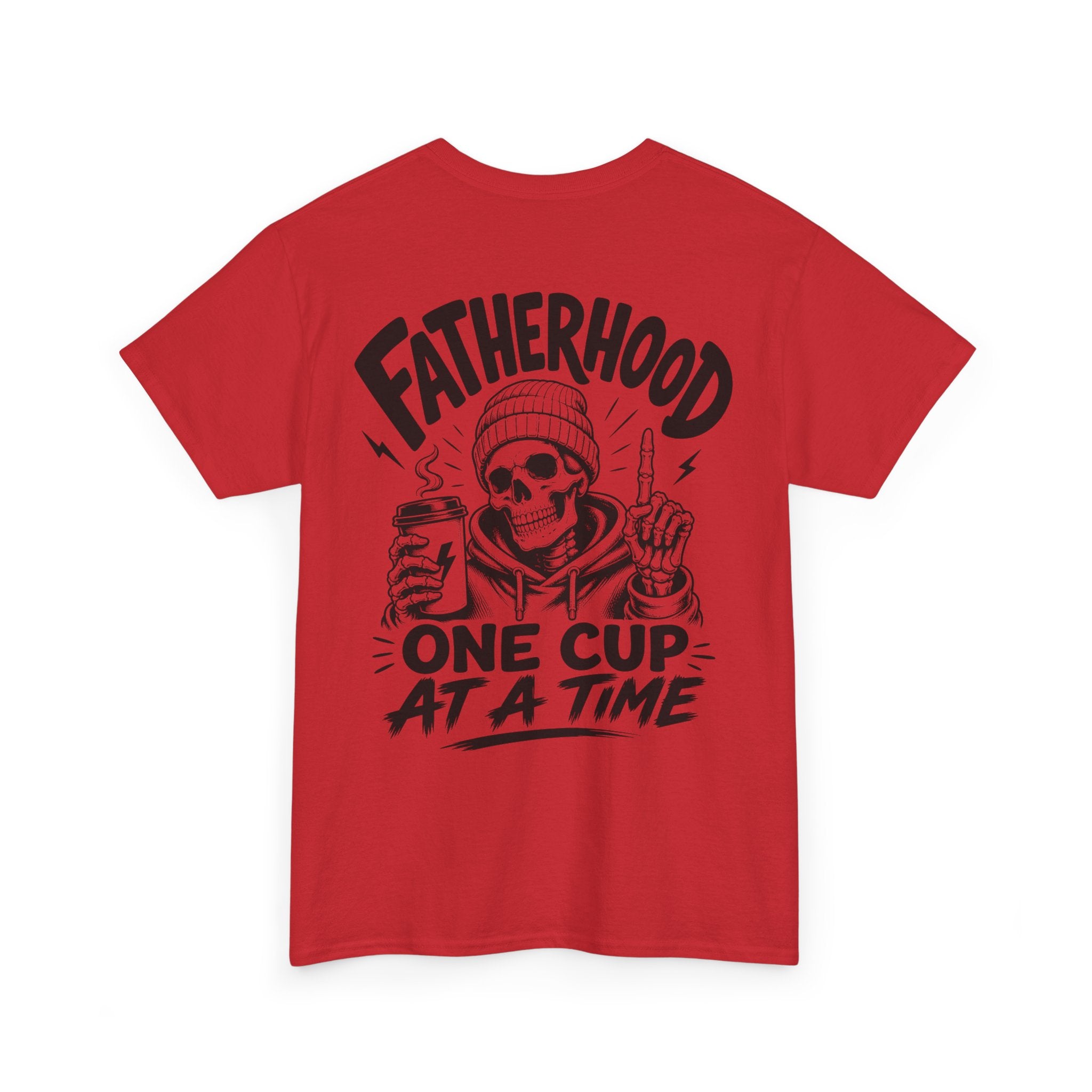 Red Coffee Dad graphic T-shirt product mockup on white background with bold black back print, coffee cup illustration, and Fatherhood One Cup at a Time lettering.