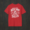 Red Work Hard Raise Harder t-shirt with white dad life graphic text.