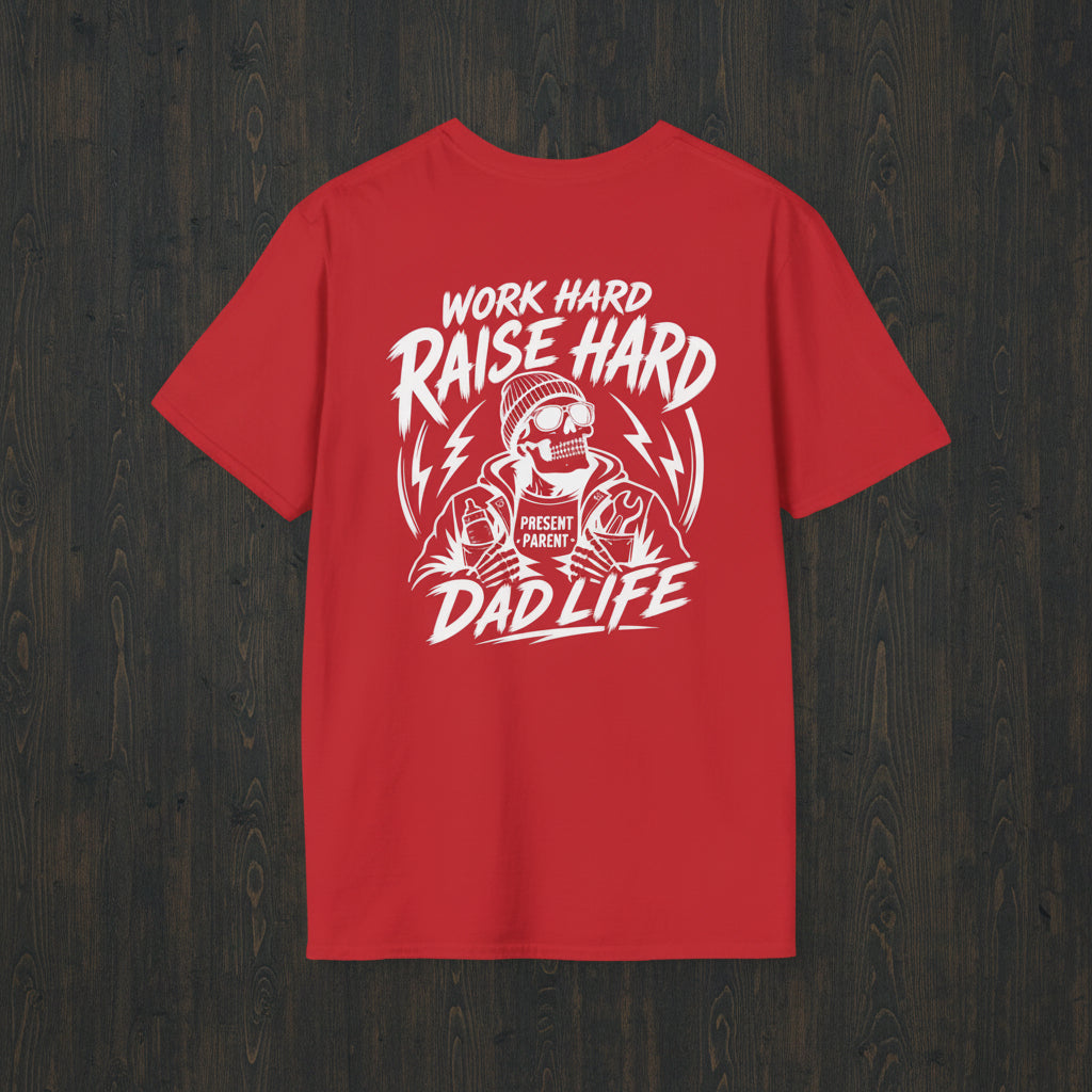 Red Work Hard Raise Harder t-shirt with white dad life graphic text.