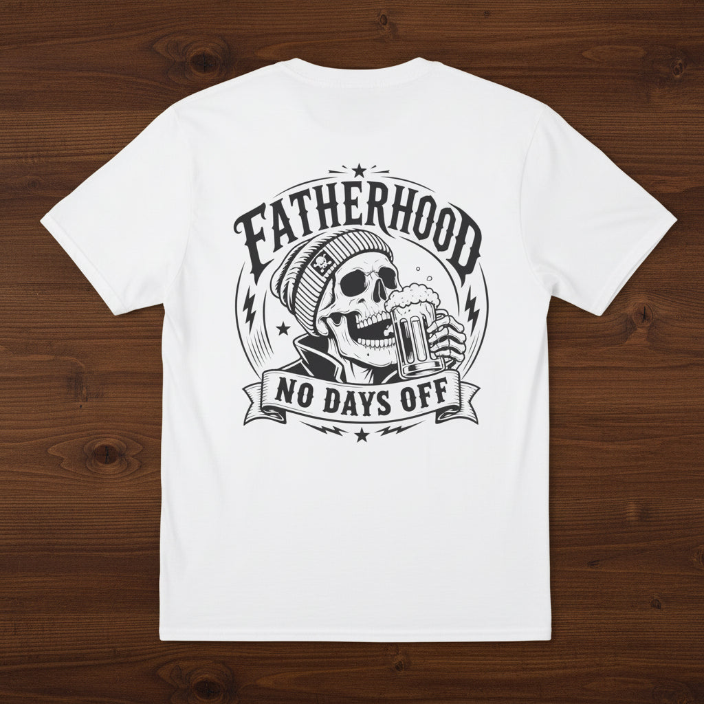 White Fatherhood No Days Off t-shirt with skull in a beanie holding a beer and Father’s Day gift design.