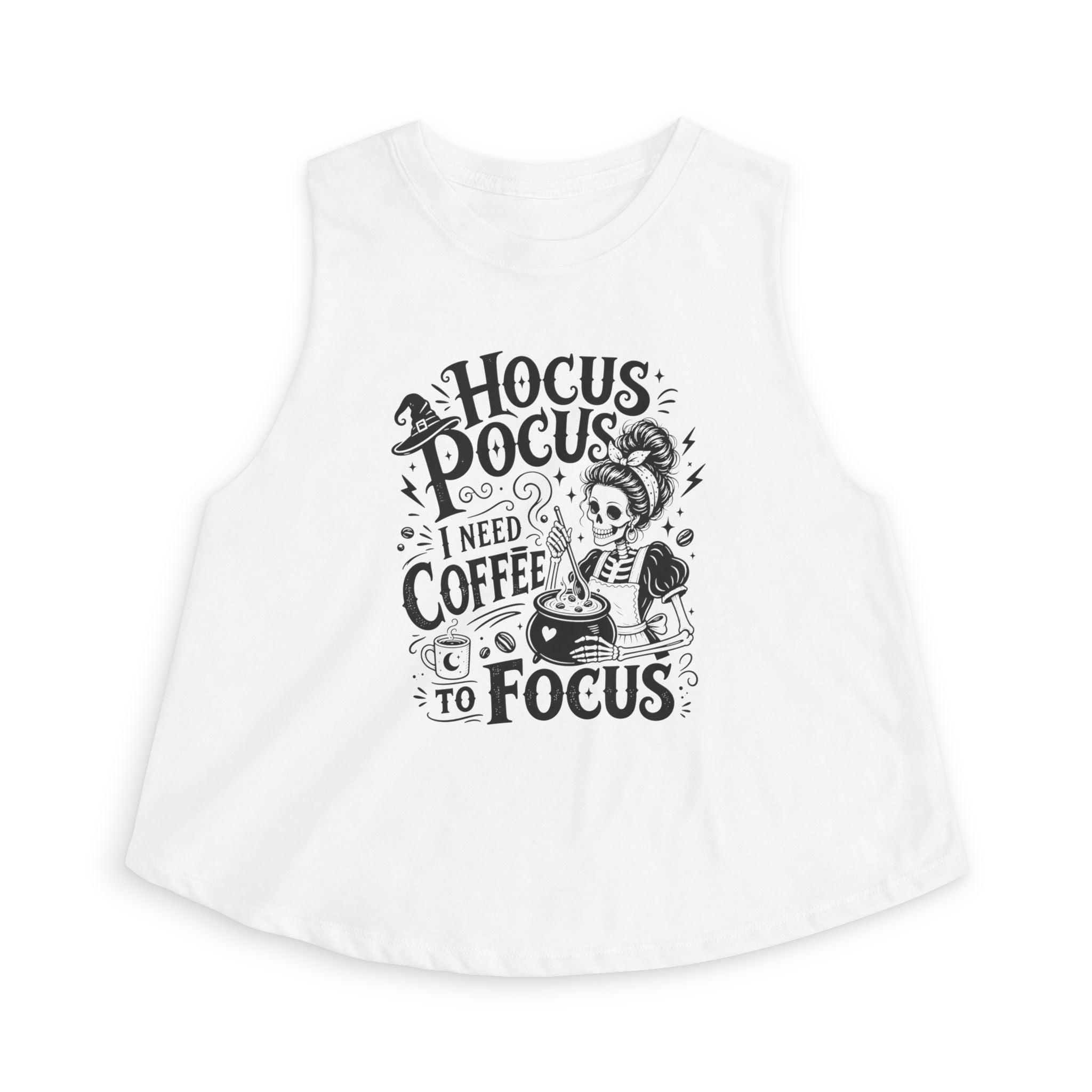 Hocus Pocus coffee crop tank product image with witchy coffee lover graphic design.