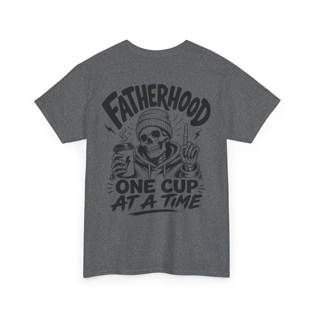 Graphite heather Coffee Dad graphic T-shirt product mockup on white background with large back design, coffee cup illustration, and Fatherhood One Cup at a Time lettering.