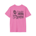 Exhausted Moms Run On Coffee shirt product mockup for tired mamas and coffee lovers.