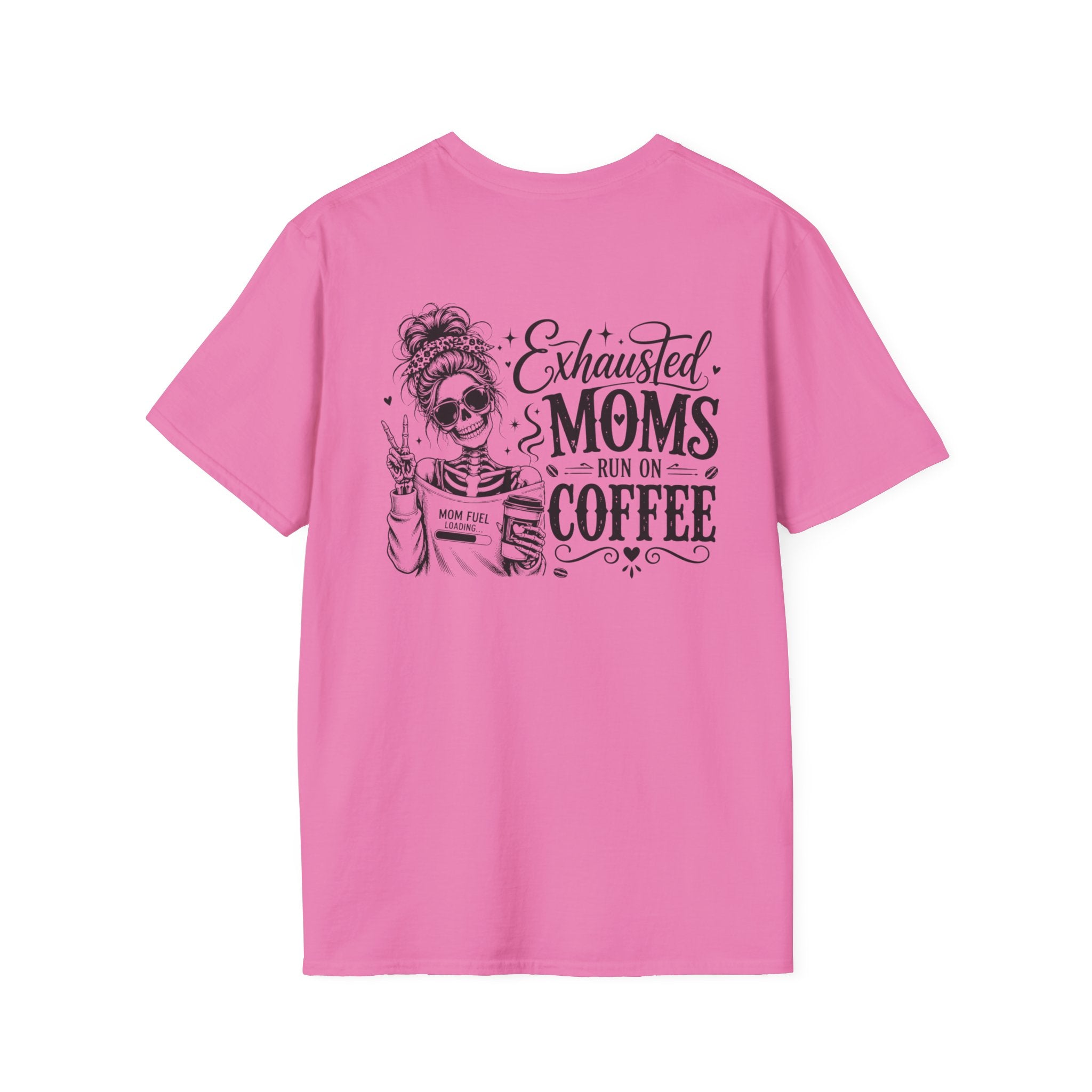 Exhausted Moms Run On Coffee shirt product mockup for tired mamas and coffee lovers.