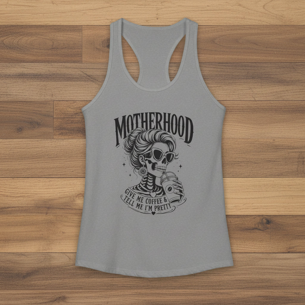 Gray Get Me Coffee tank top product image for tired moms and coffee lovers.