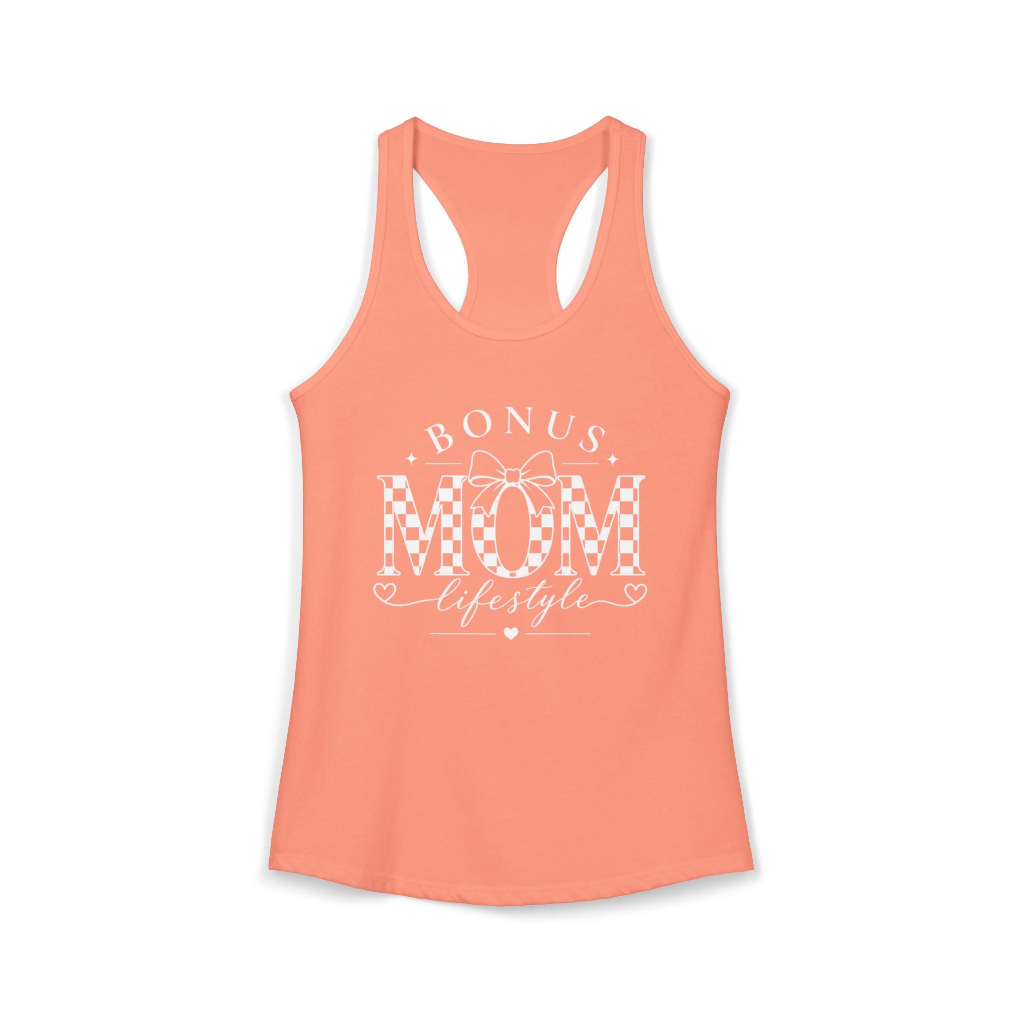 Coral tank top with 'Bonus Mom Lifestyle' text on a white background