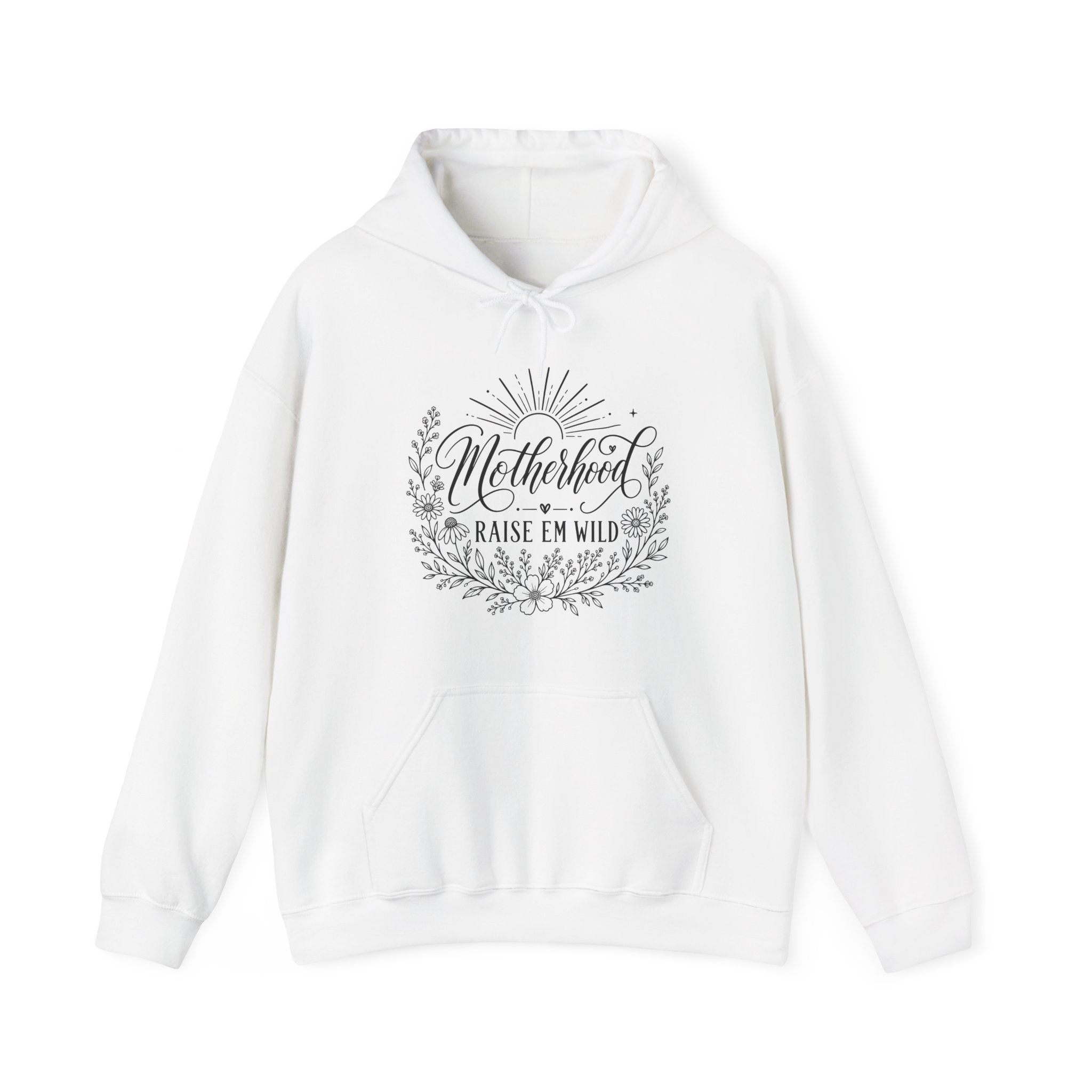 White Raise Em Wild Mom Hoodie with floral motherhood graphic and cozy mama style