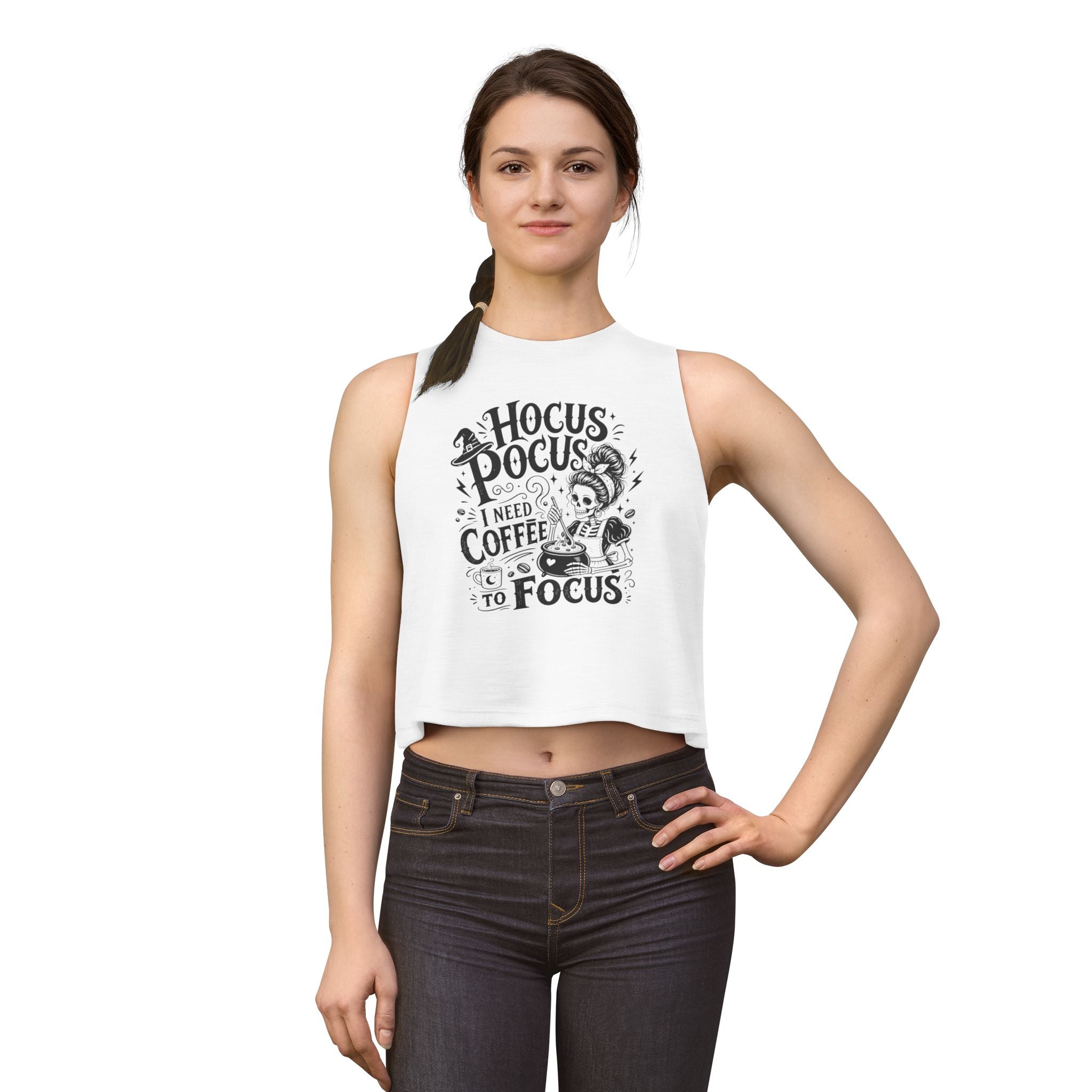 Women’s Halloween coffee crop tank product view for moms, girlfriends, and caffeine queens.