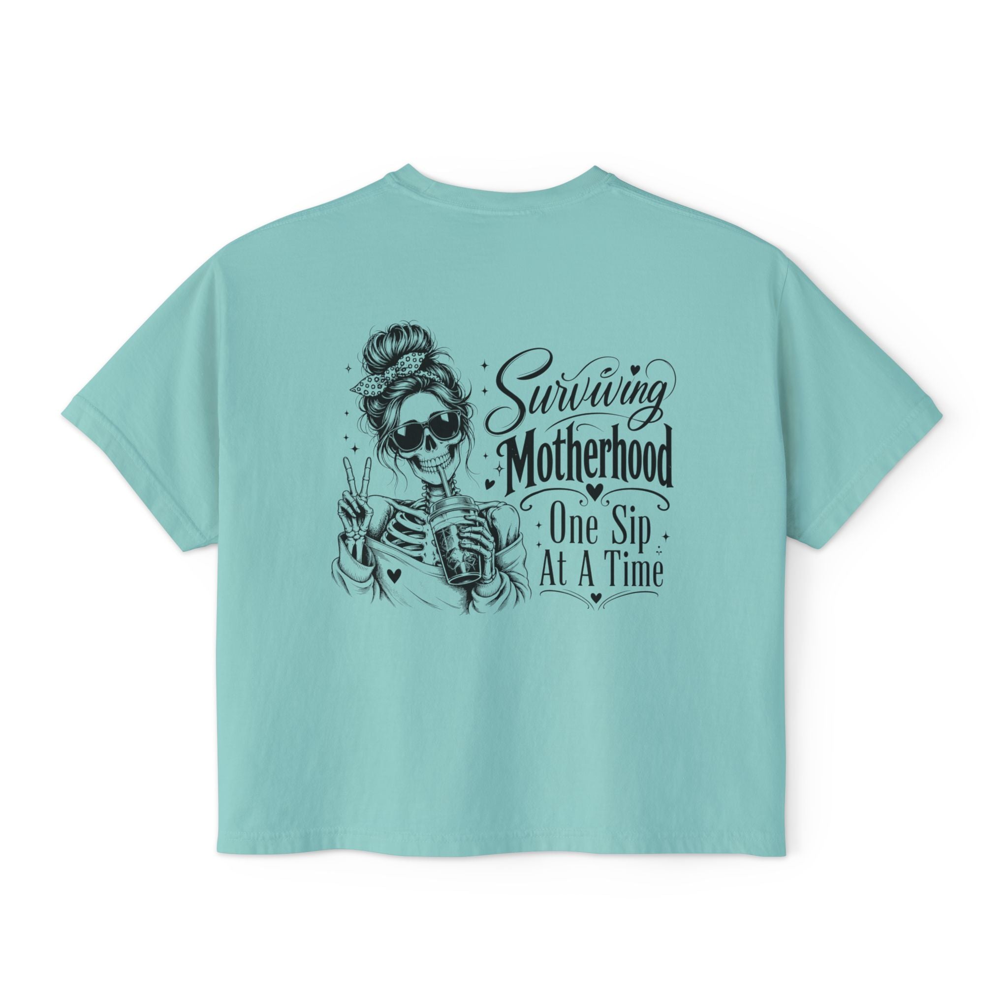 Funny tired mom gift boxy tee product image with Surviving Motherhood message.