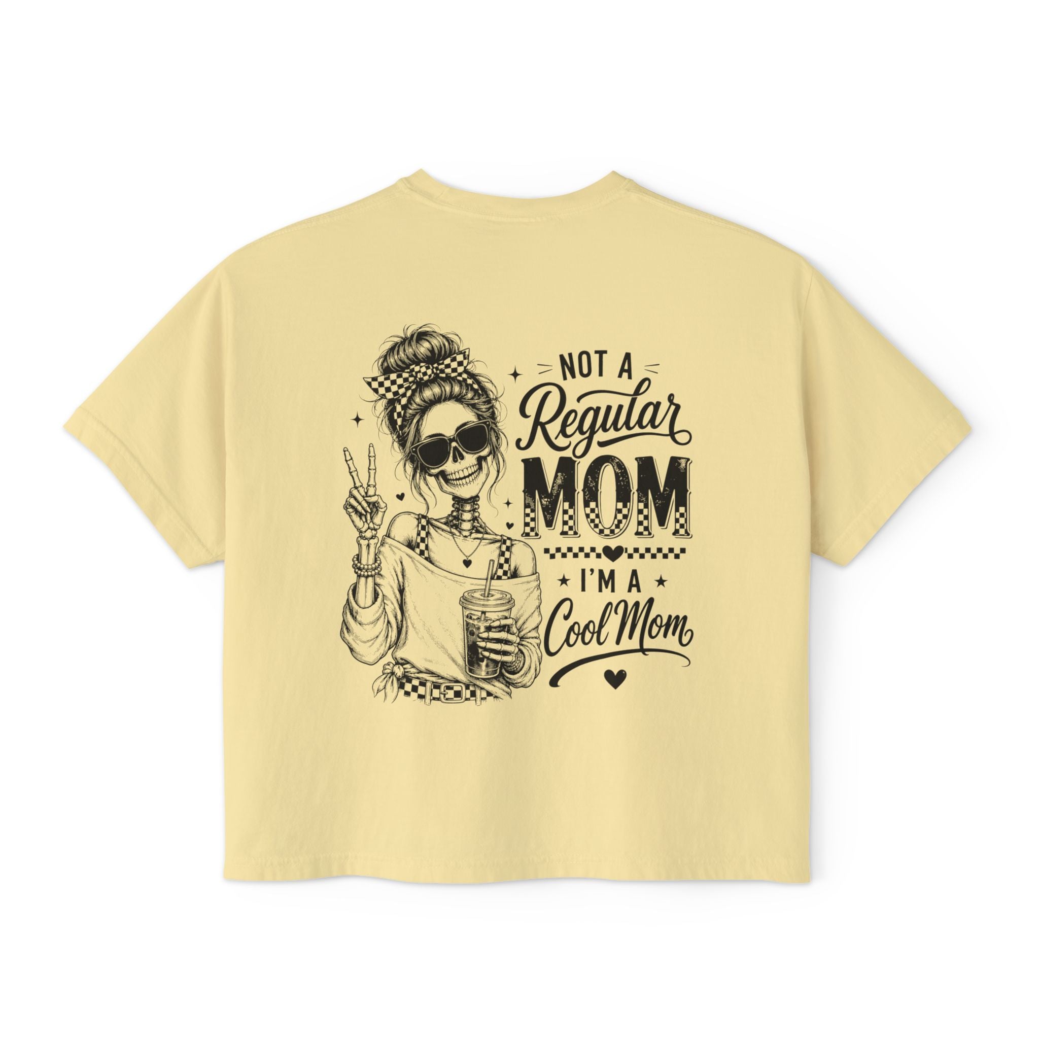 Women’s butter yellow boxy cropped tee with black Cool Mom skeleton coffee graphic on the back.