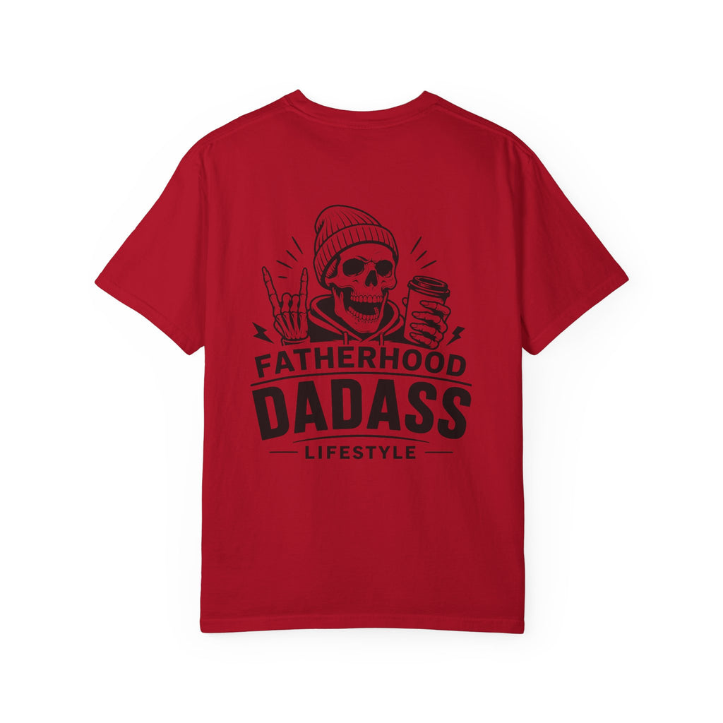 Red Fatherhood Dad-Ass Lifestyle graphic T-shirt product mockup with black skeleton dad back print, made for funny dad shirts and everyday fatherhood style.