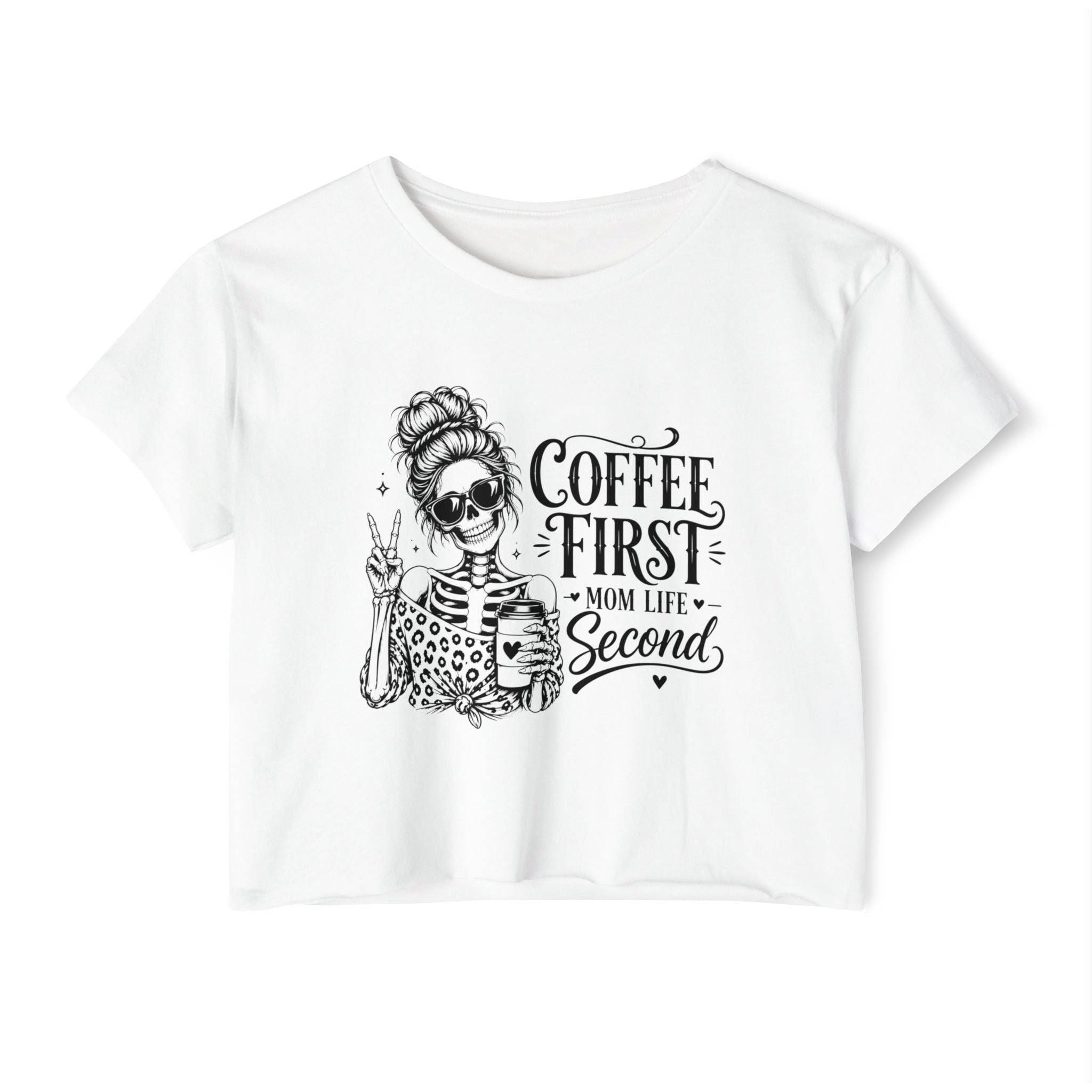 Coffee First Mom Life Second crop top product image with funny coffee mom graphic design.