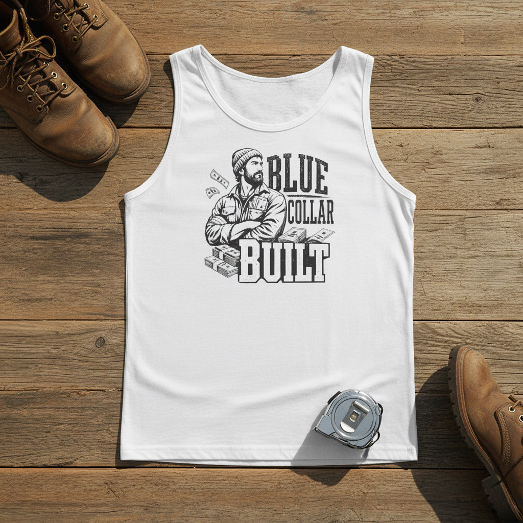 White Blue Collar Built tank top with black graphic design shown as a Father’s Day gift for hardworking dads.