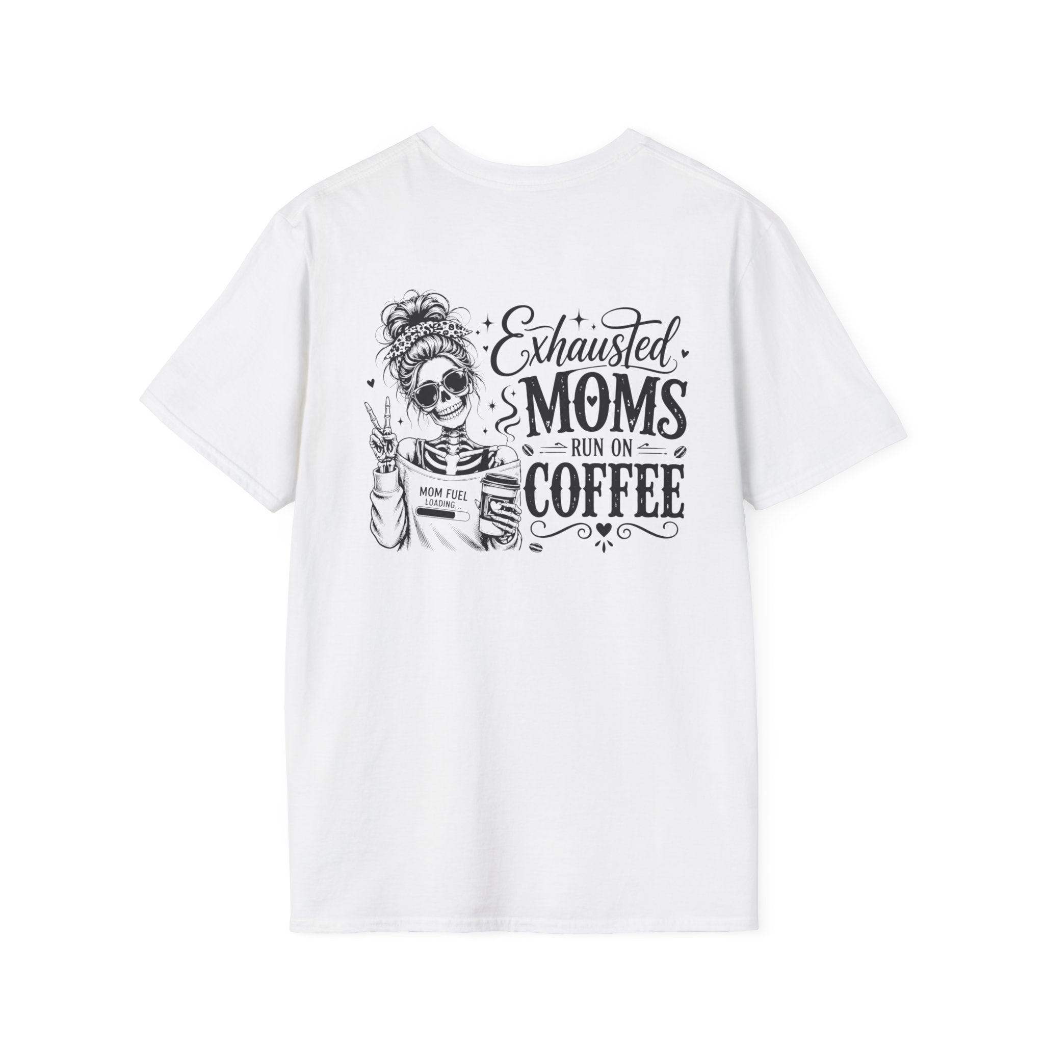 Skull coffee mom t-shirt product image for exhausted moms and caffeine-fueled mom life.