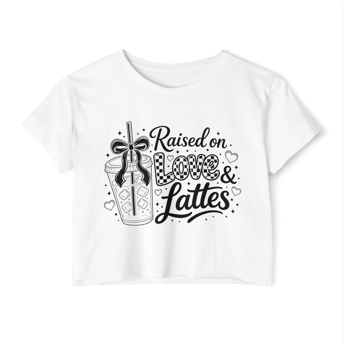Front product view of a crisp white women’s cropped T-shirt featuring the black “Raised on Love & Lattes” graphic with a decorative bow, patterned heart, café drink and script lettering. The clean mockup clearly shows the short-sleeve cut and centered print. Cute latte lover shirt for casual outfits, brunch fashion and shoppers looking for a trendy coffee-themed gift for women.