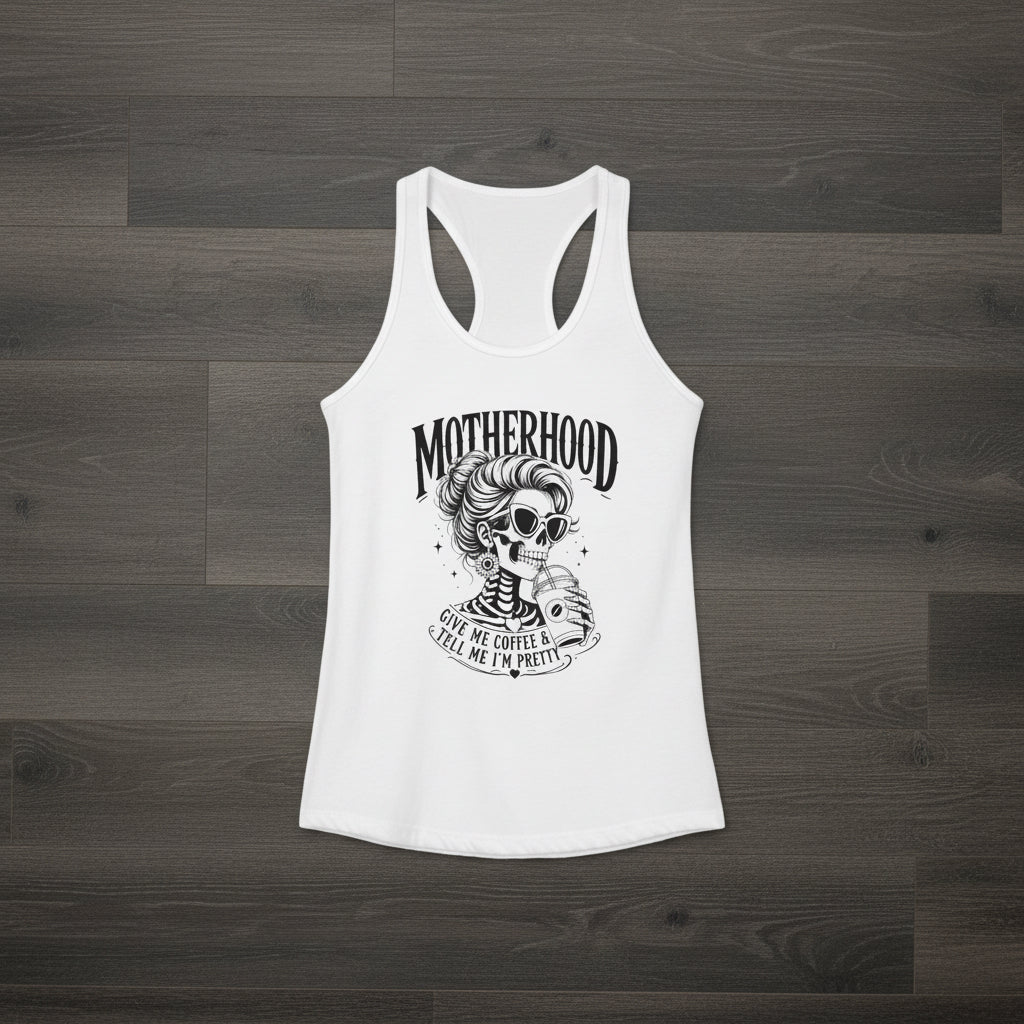 Get Me Coffee tank top product image with funny coffee lover mom graphic design.
