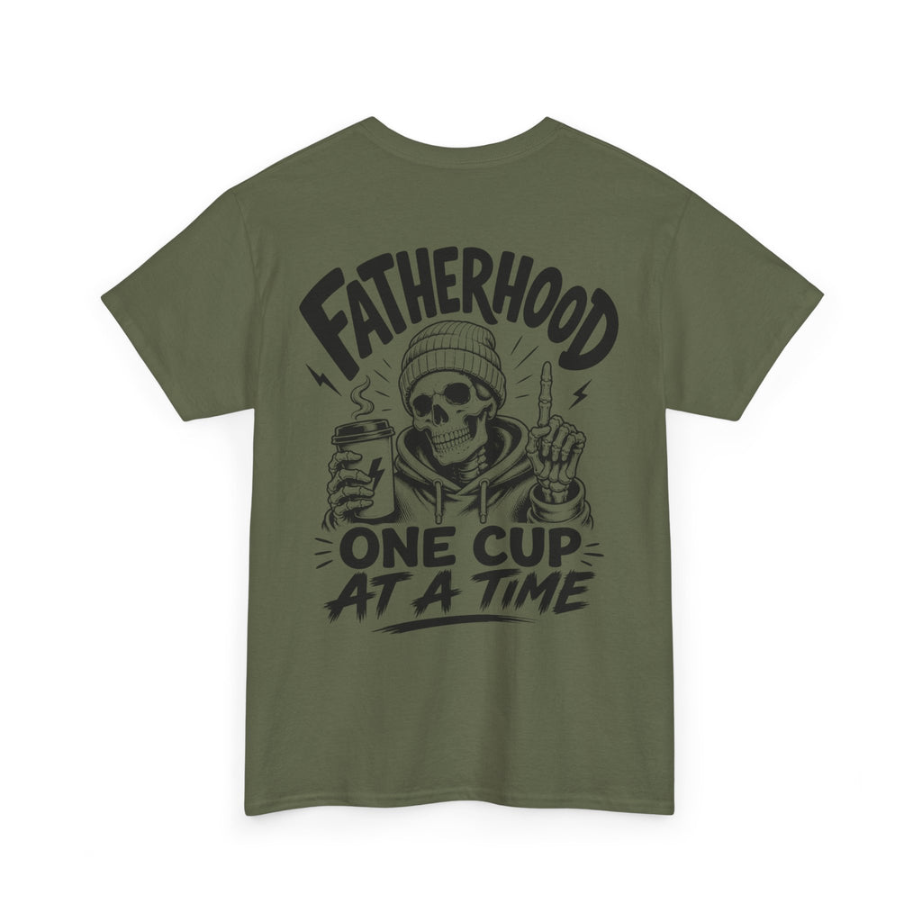 Military green Coffee Dad graphic T-shirt product mockup on white background with large back design, coffee cup illustration, and Fatherhood One Cup at a Time lettering.