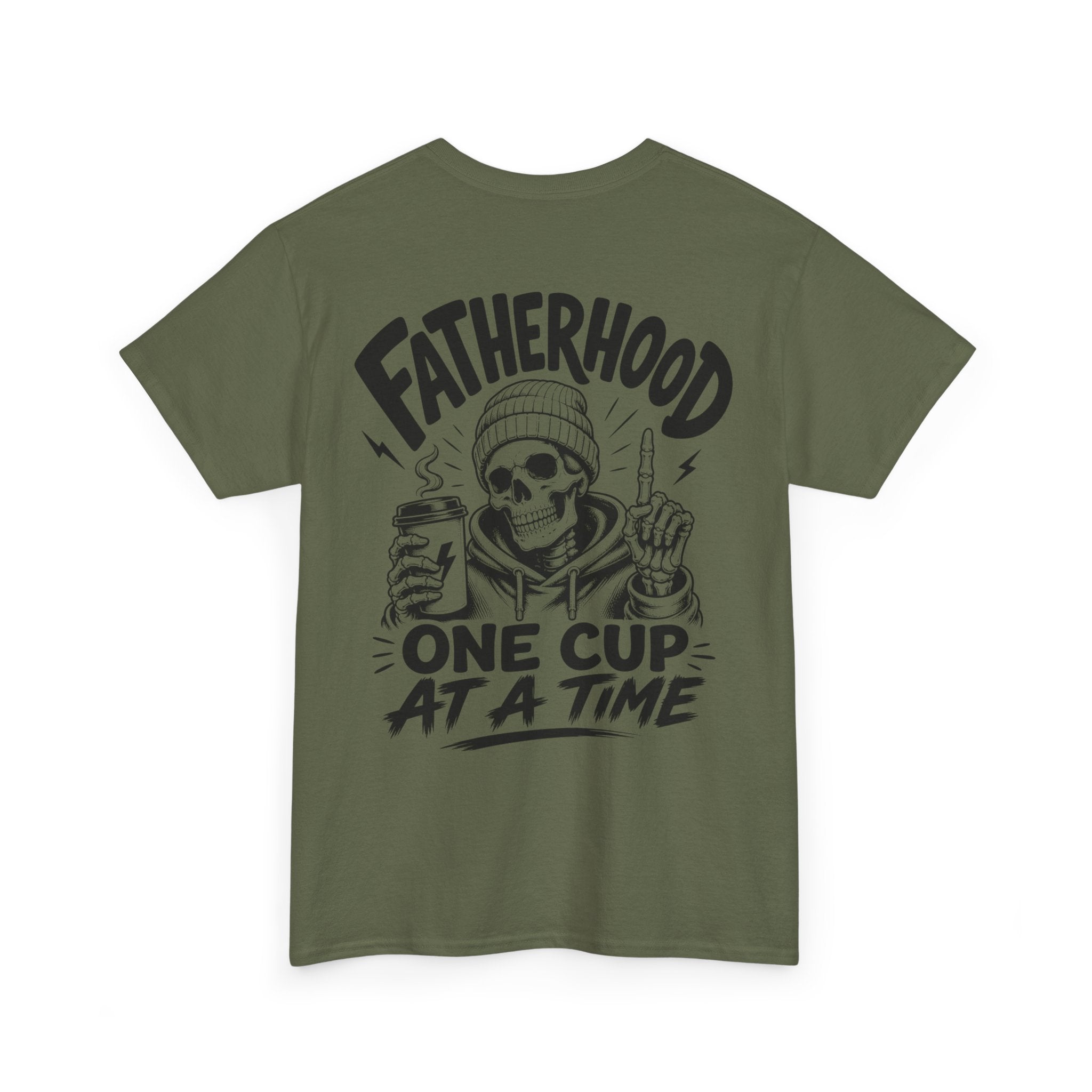 Military green Coffee Dad graphic T-shirt product mockup on white background with large back design, coffee cup illustration, and Fatherhood One Cup at a Time lettering.
