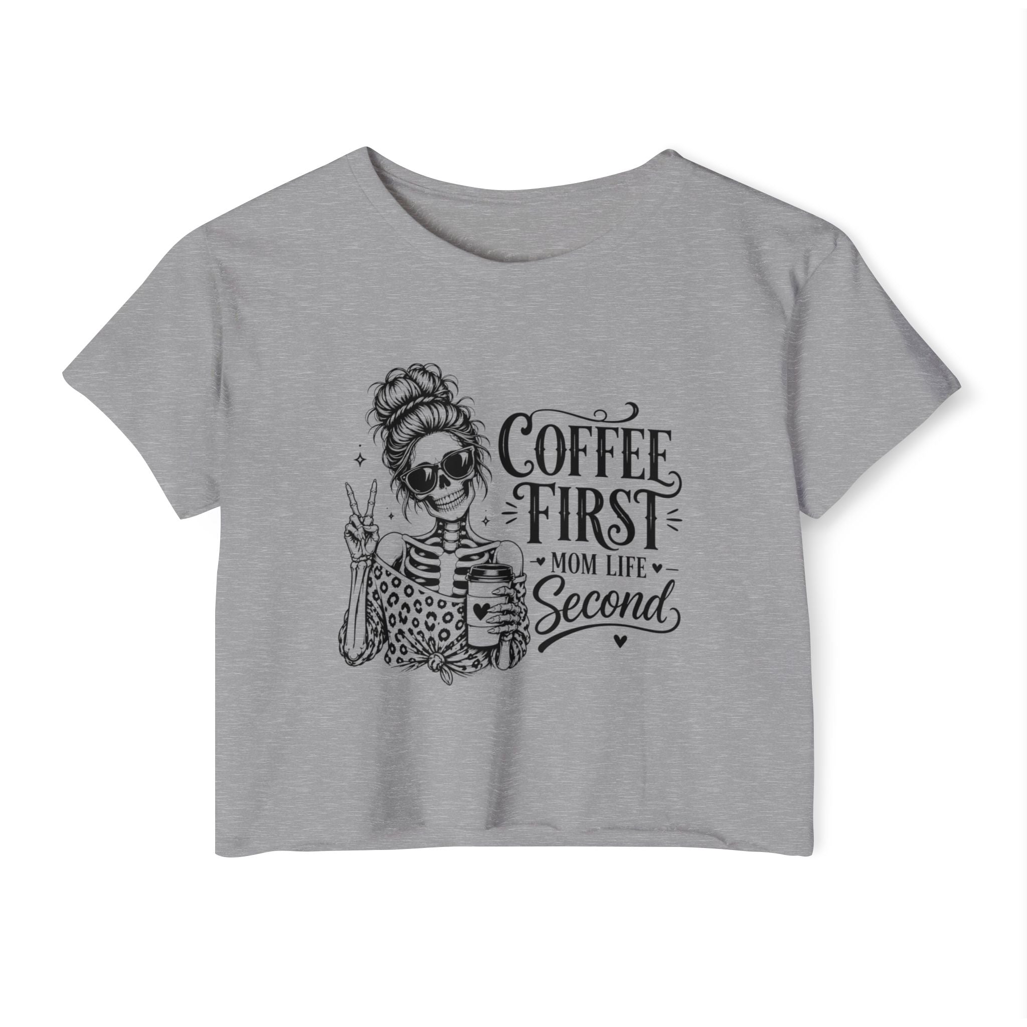 Funny mom life cropped tee product image for coffee lovers and busy moms.