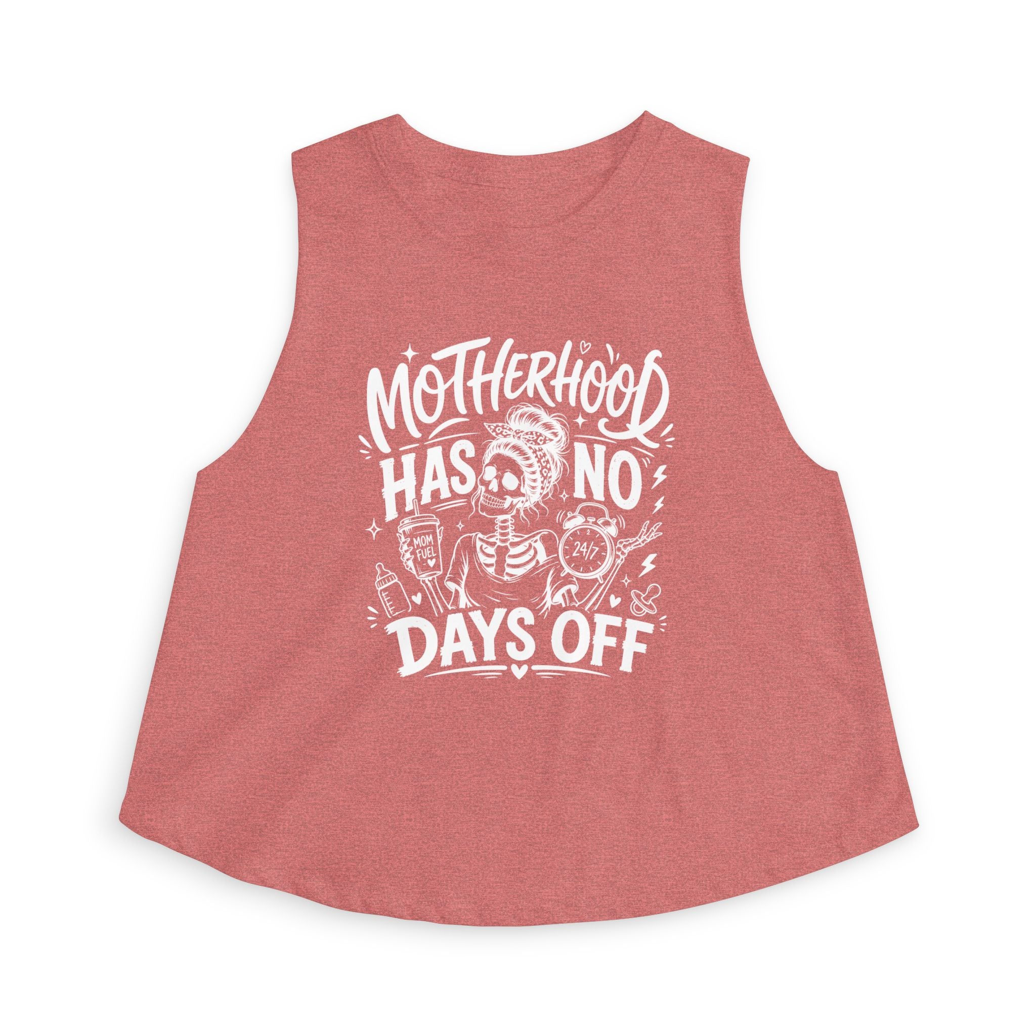 Motherhood Has No Days Off tank top product image for tired moms and funny mom gifts.