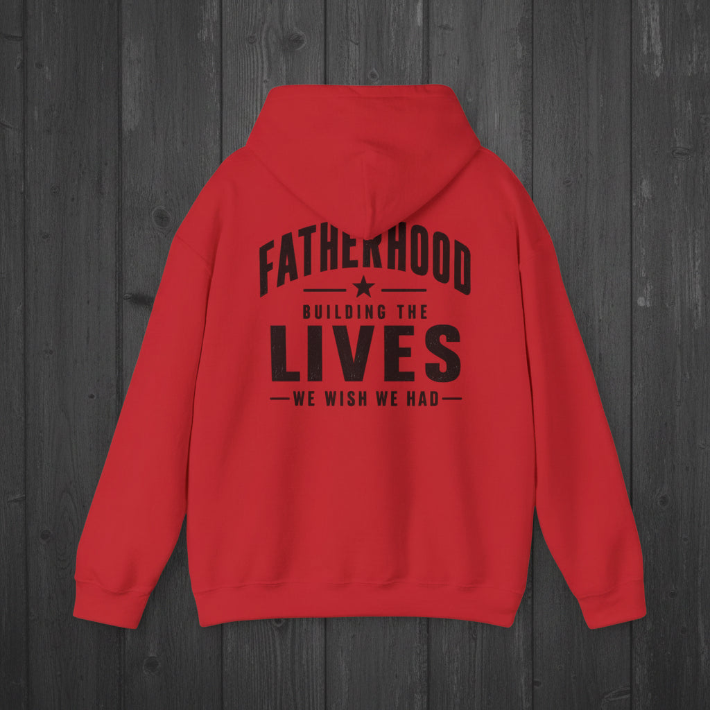 Red Fatherhood hoodie product image with meaningful back-print message for dads.