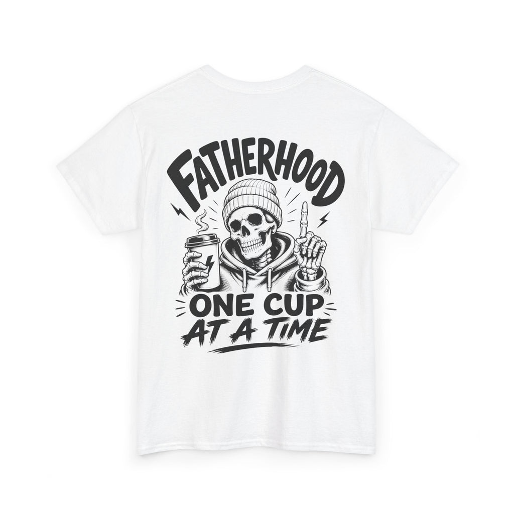 White Coffee Dad graphic tee flat product mockup with black Fatherhood One Cup at a Time back print and coffee-themed artwork.