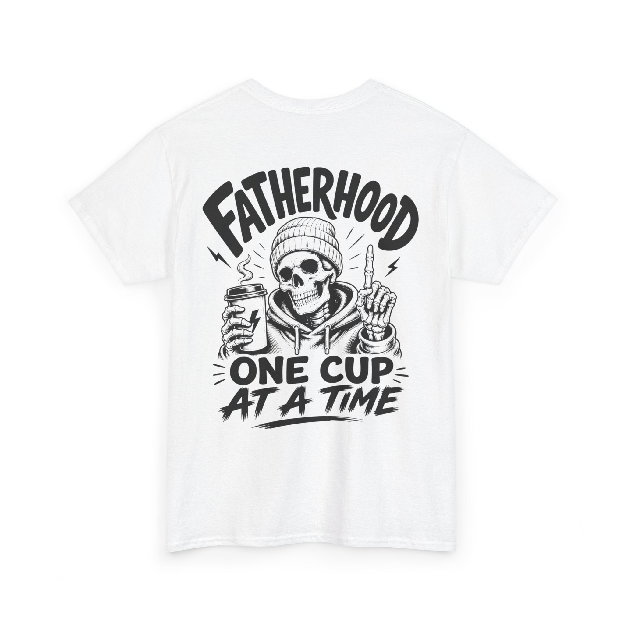 White Coffee Dad graphic tee flat product mockup with black Fatherhood One Cup at a Time back print and coffee-themed artwork.