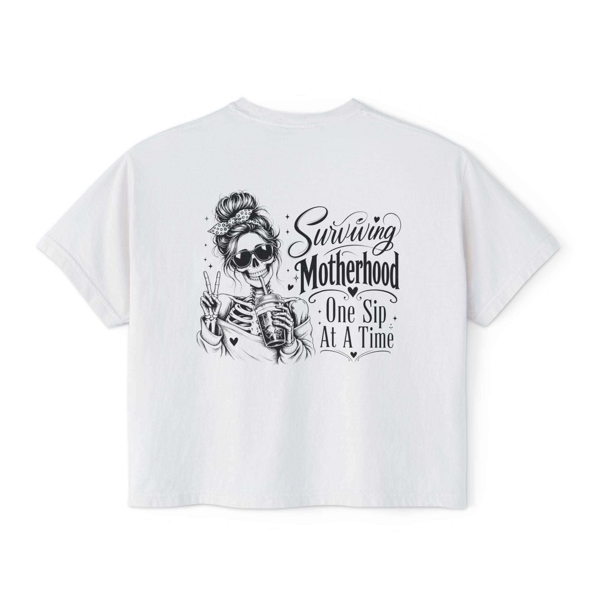Surviving Motherhood boxy tee product image with One Sip at a Time coffee mom design.