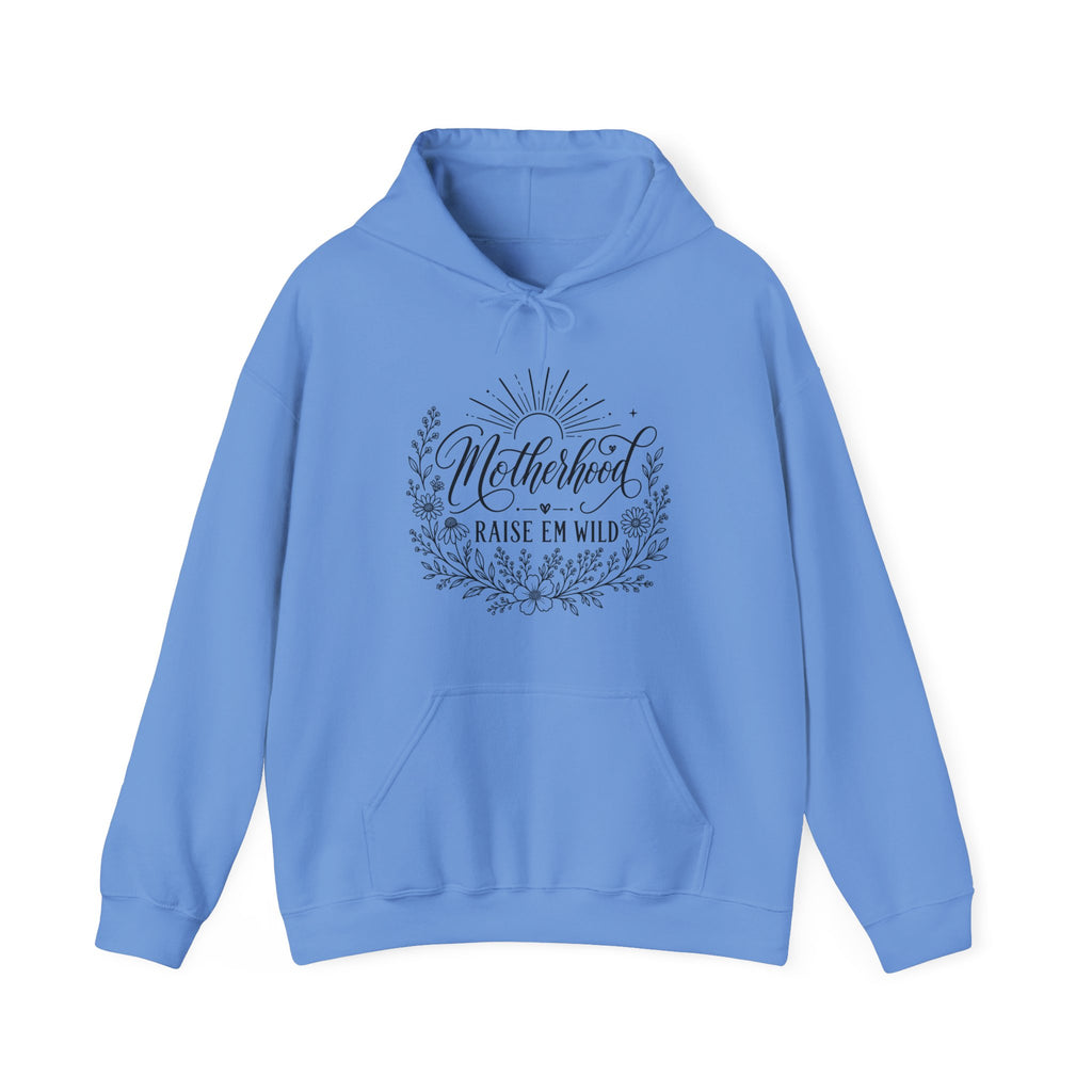 Carolina blue mom hoodie with boho Motherhood Raise Em Wild design for everyday wear
