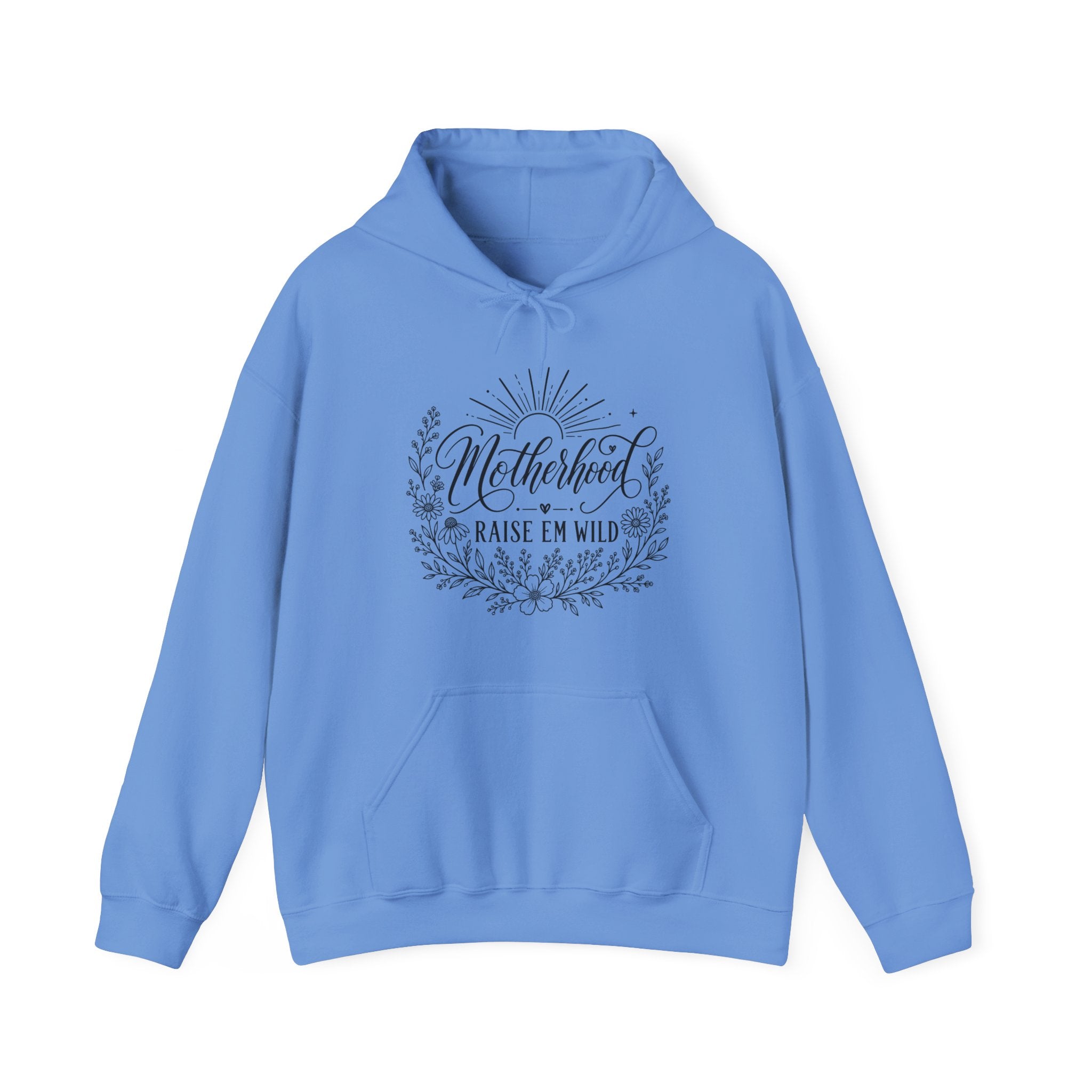 Carolina blue mom hoodie with boho Motherhood Raise Em Wild design for everyday wear