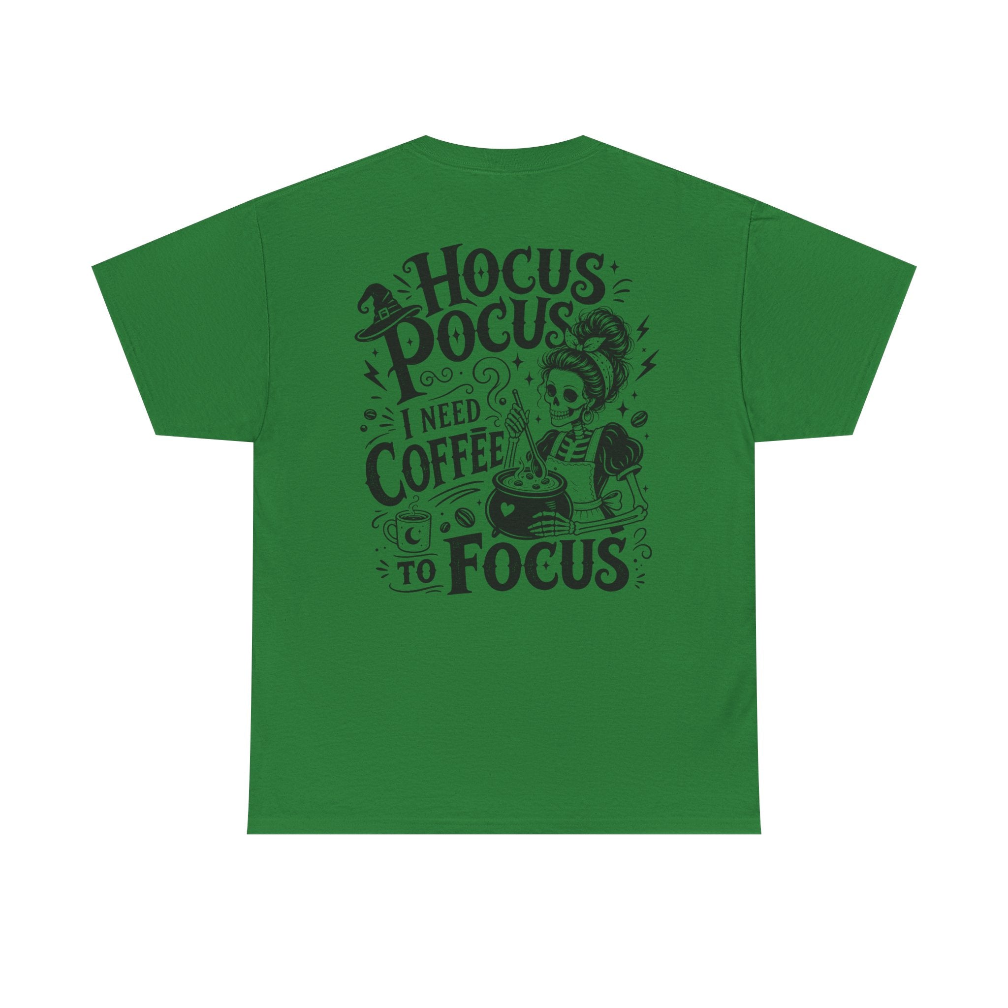 Coffee lover graphic shirt product image with spooky skeleton design and I Need Coffee to Focus wording.