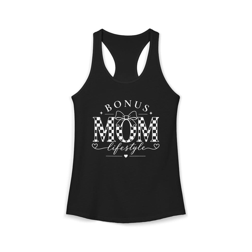 Black tank top with white text and graphics on a white background