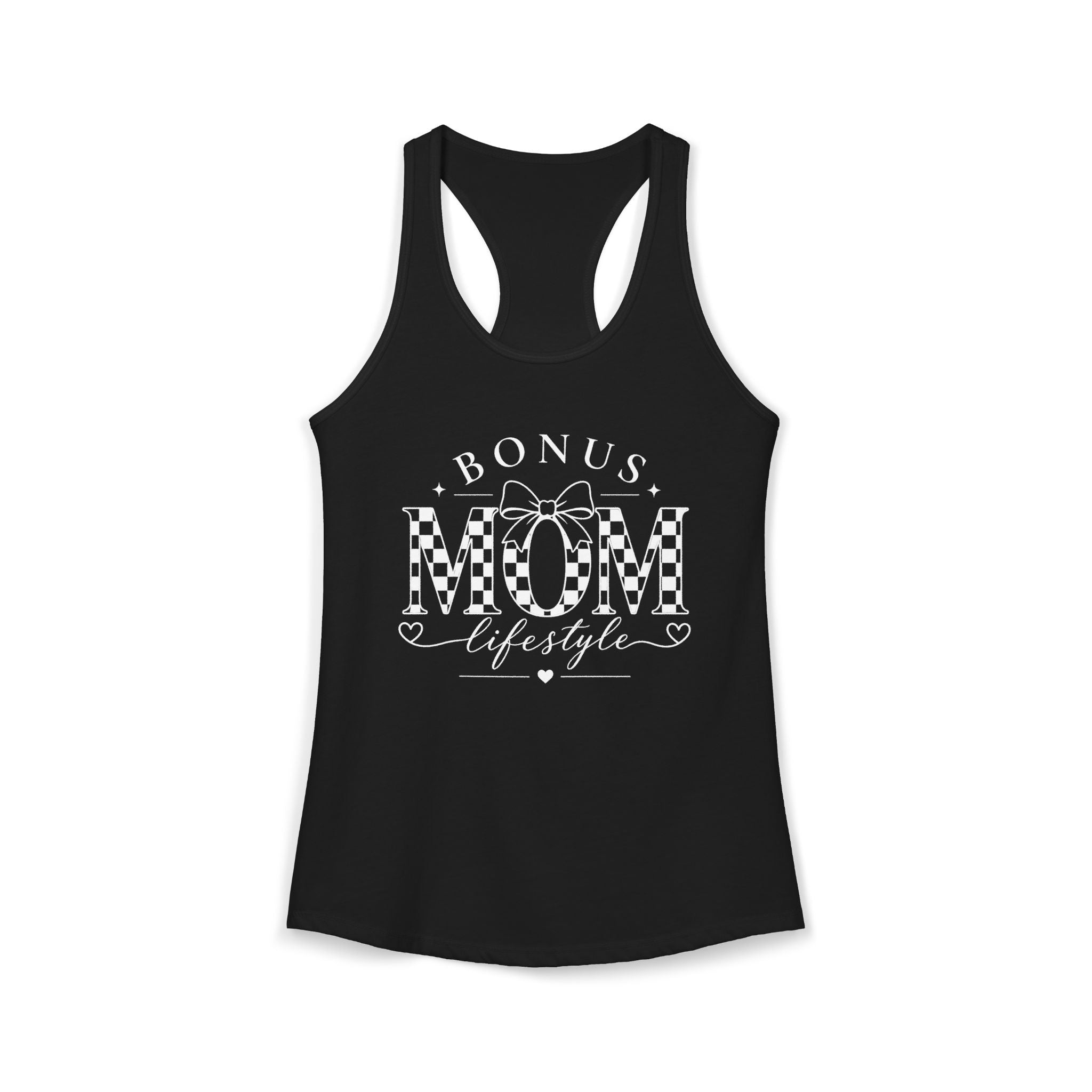 Black tank top with white text and graphics on a white background