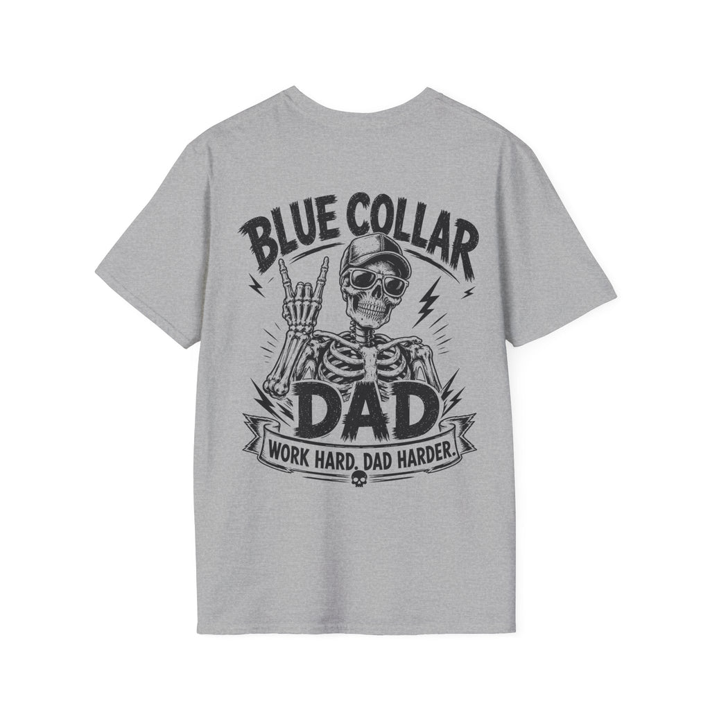 Gray men’s Blue Collar Dad t-shirt with black skeleton graphic design shown on a white background.