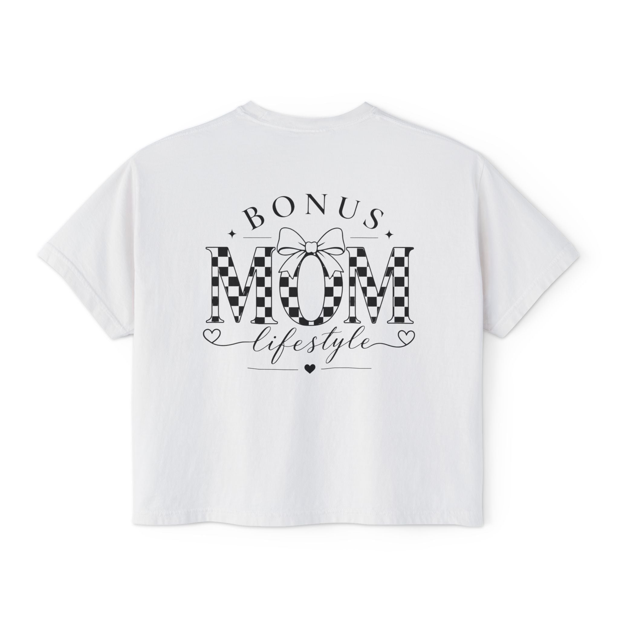 White t-shirt with 'Bonus Mom Lifestyle' text and checkered design on a white background