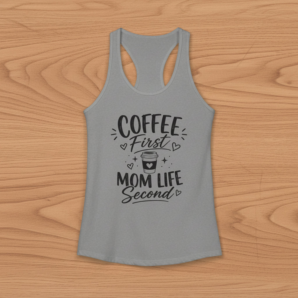 Gray Coffee Mom racerback tank top with black Coffee First Mom Life Second text on a woodgrain background.