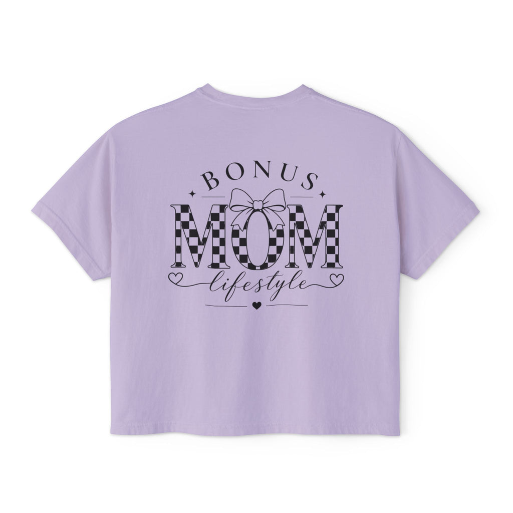 Lavender t-shirt with 'Bonus Mom Lifestyle' text on a white background