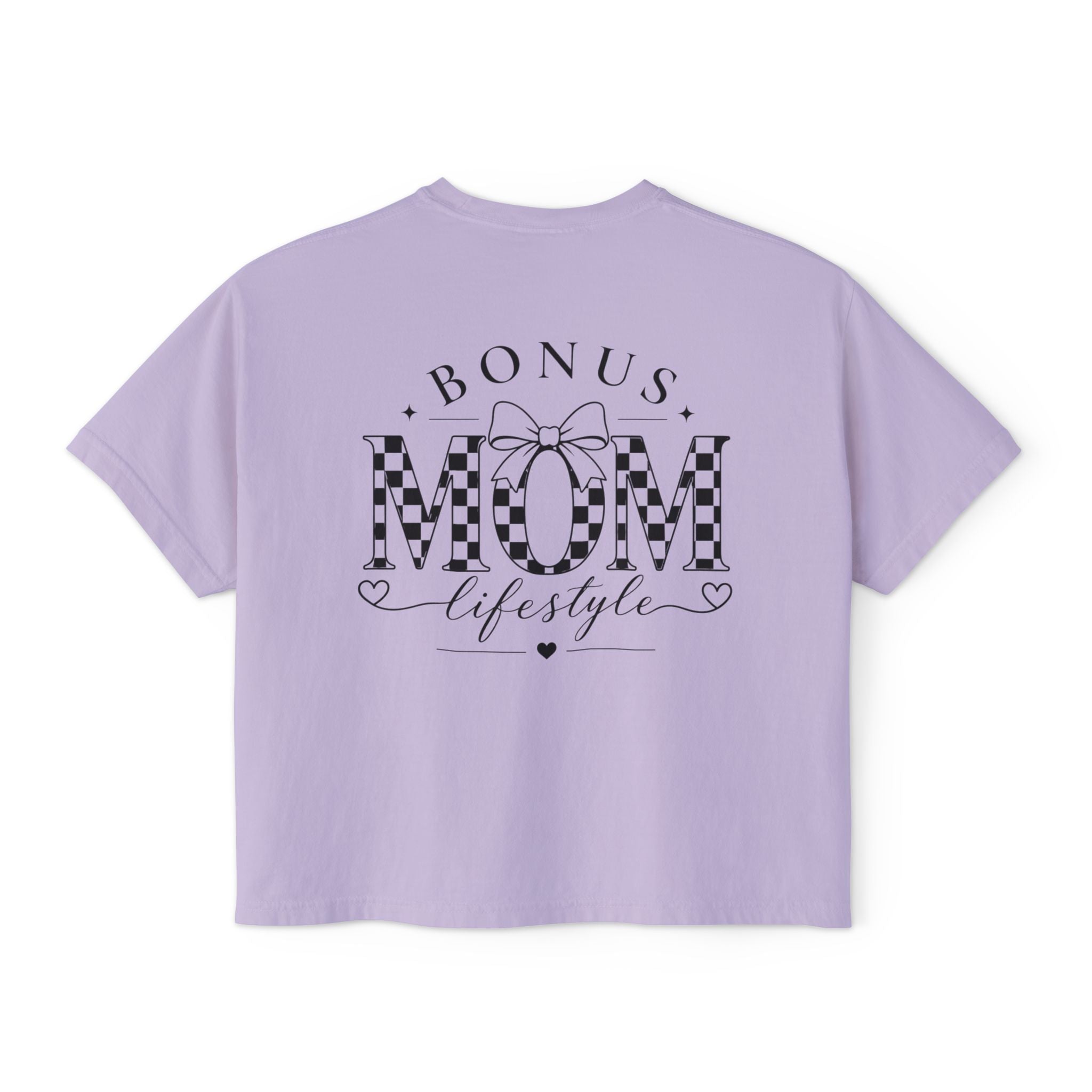 Lavender t-shirt with 'Bonus Mom Lifestyle' text on a white background